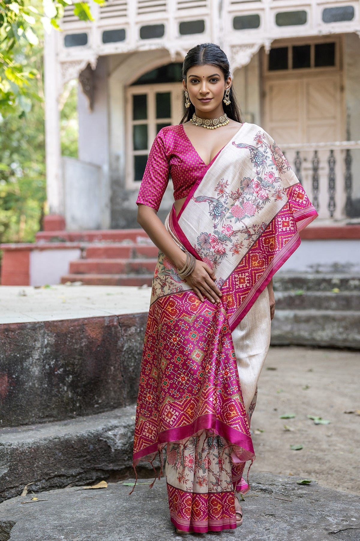 Pink Patola Silk Saree with Beige Base