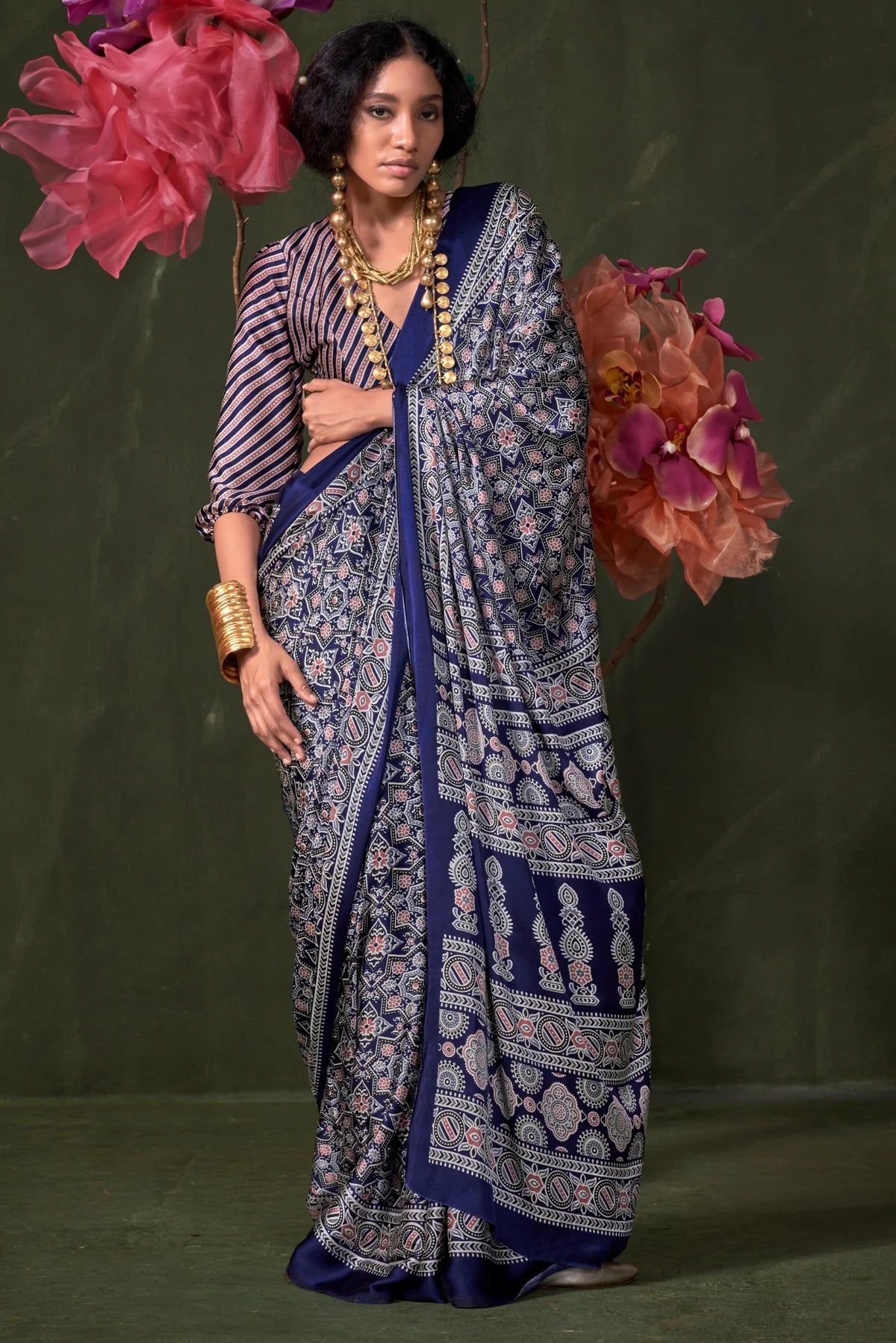 Blue Ajrakh Printed Satin Crepe Silk Saree