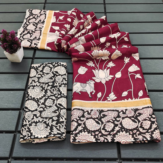 Graceful Maroon and Black Kalamkari Cotton Saree