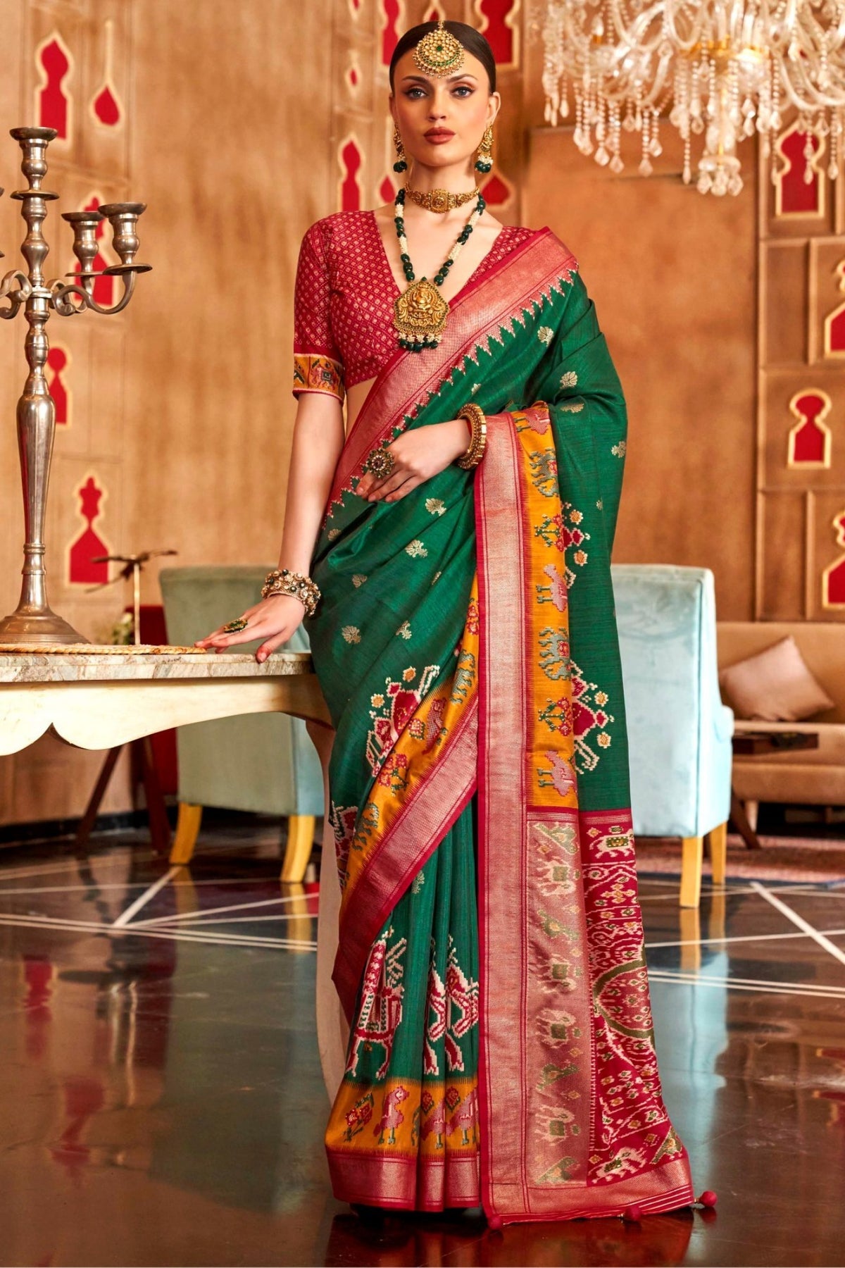 Green and Red Printed Patola Saree