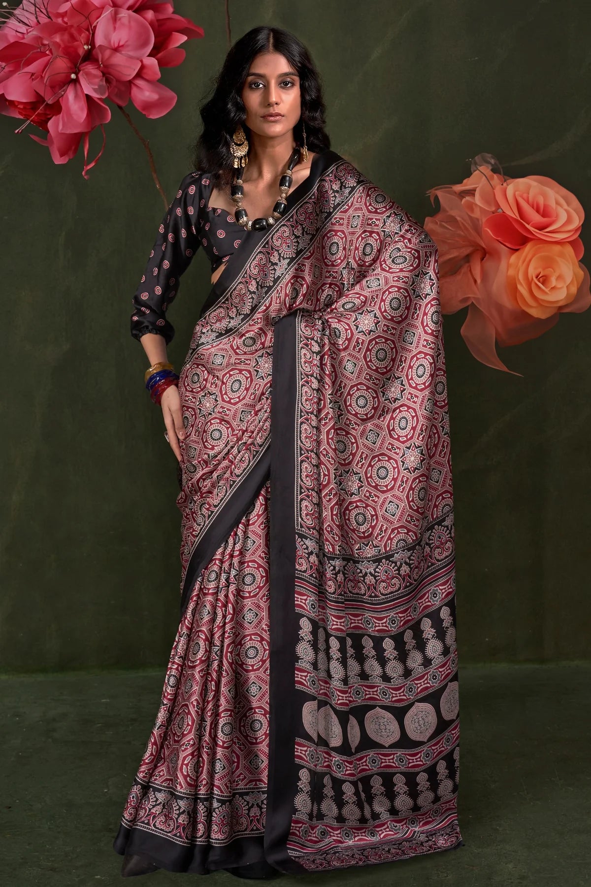 Maroon and Black Ajrakh Printed Satin Crepe Silk Saree