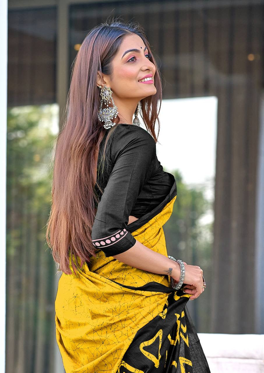 Mustard Yellow and Black Cotton Saree with Contemporary Geometric Prints