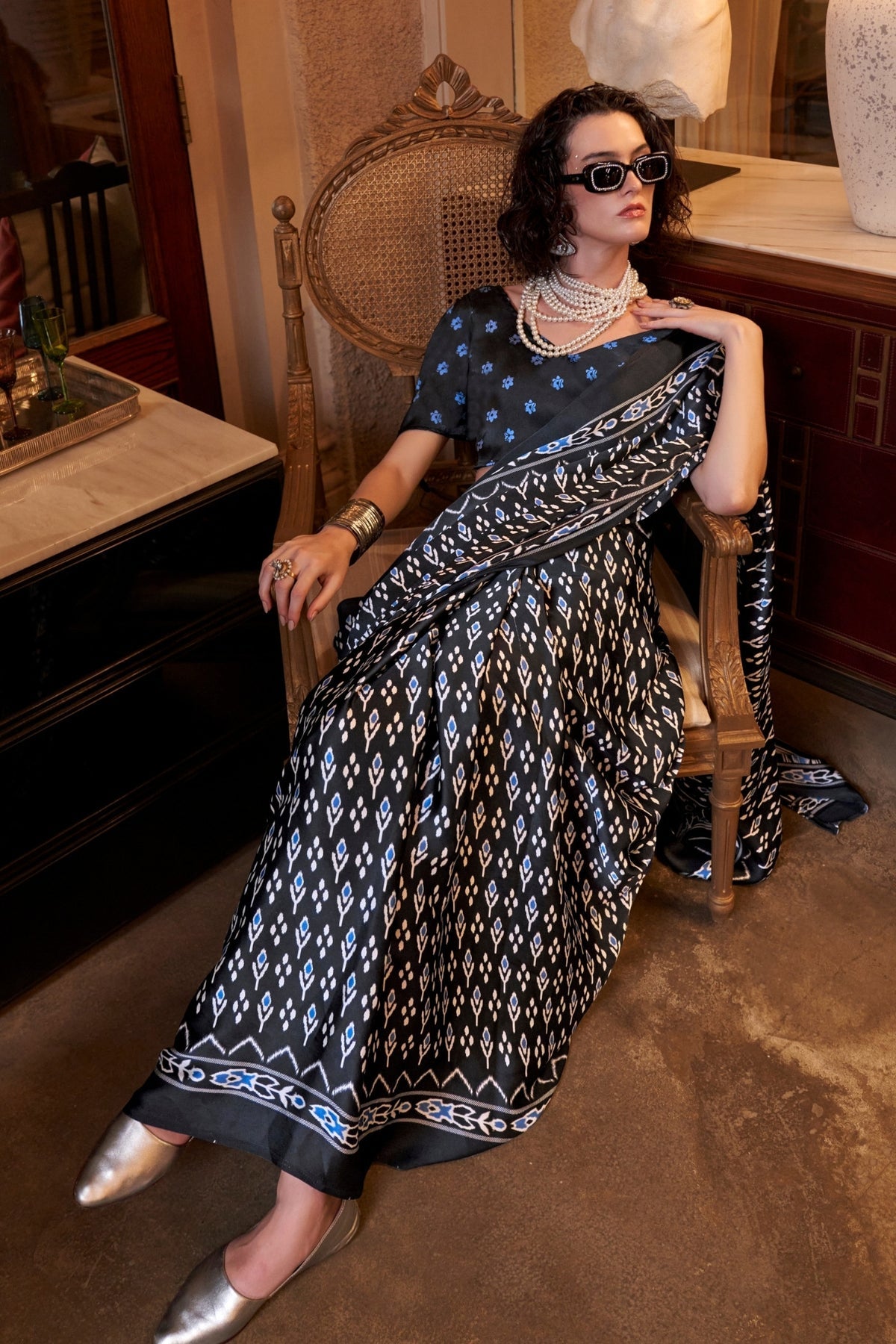 Spider Black Ajrakh Patola Printed Satin Crepe Saree