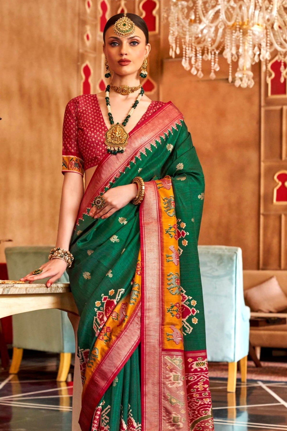 Green and Red Printed Patola Saree