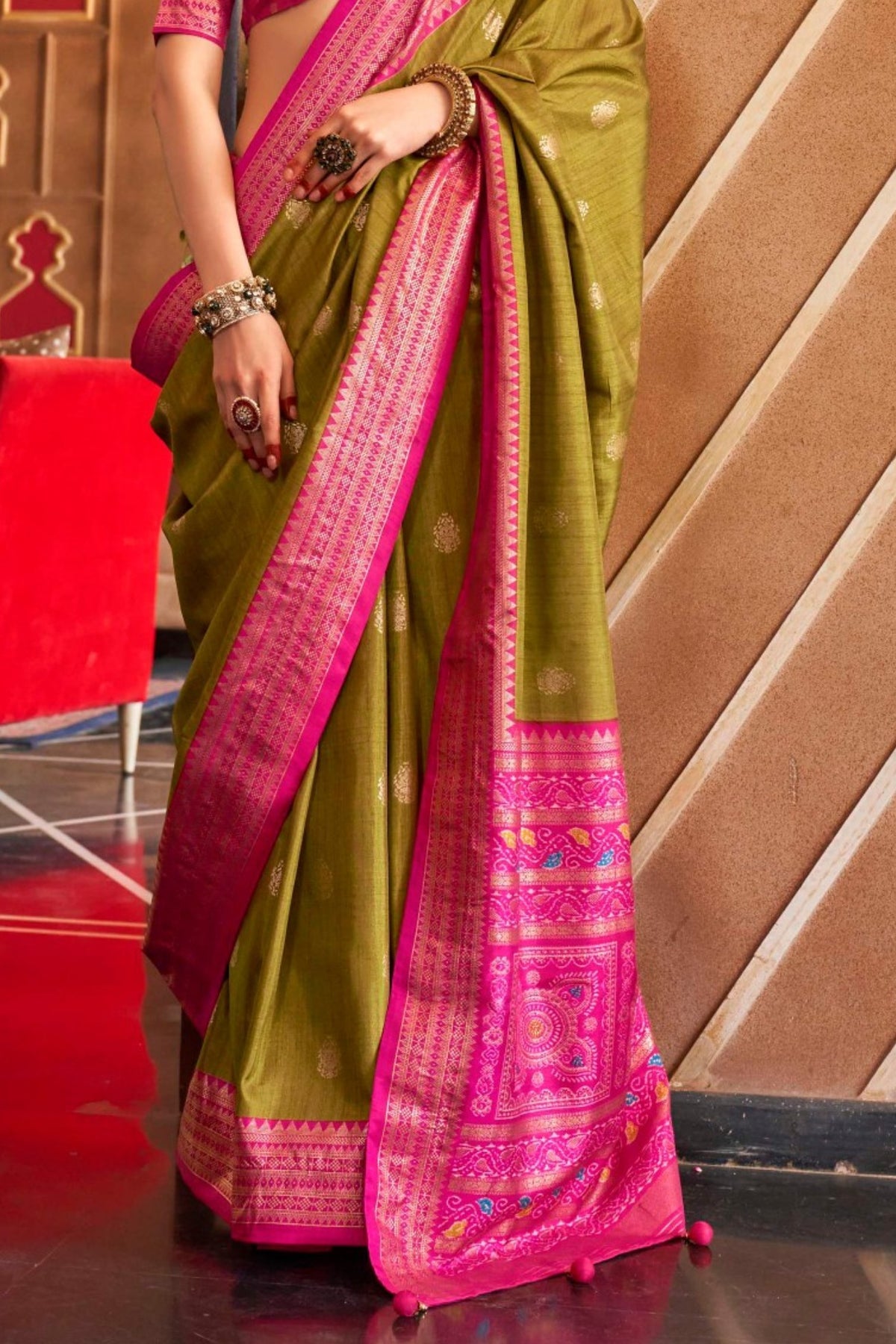Green and Pink Printed Patola Saree