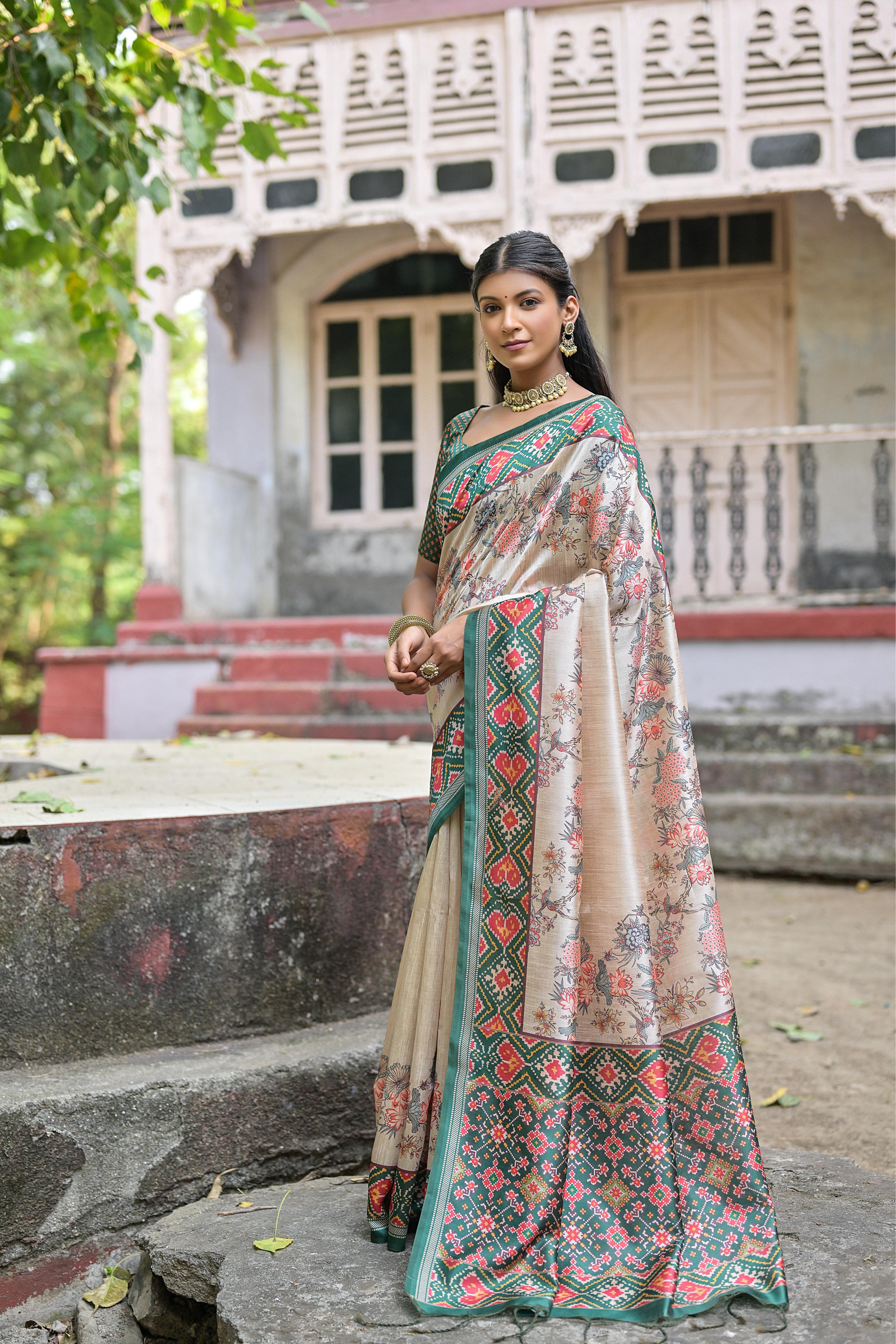 Elegant Beige Patola Silk Saree