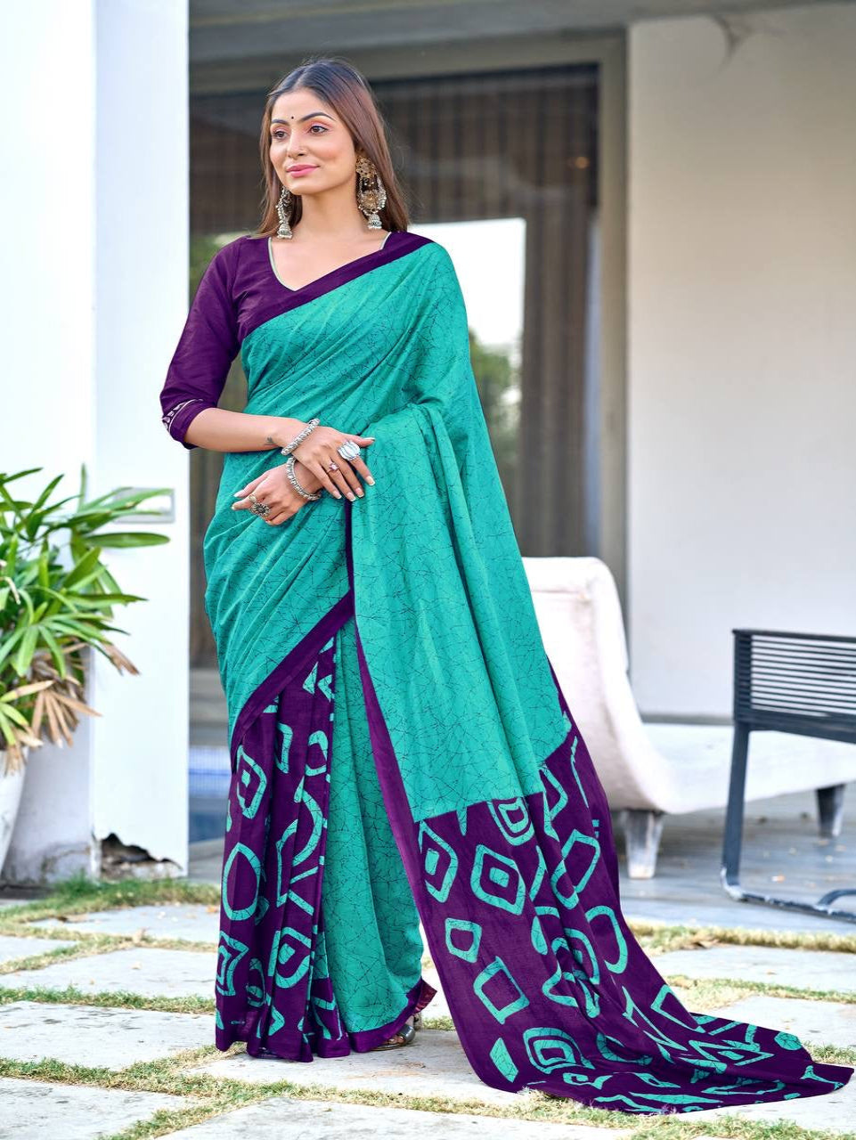 Teal and Purple Cotton Saree with Contemporary Geometric Patterns