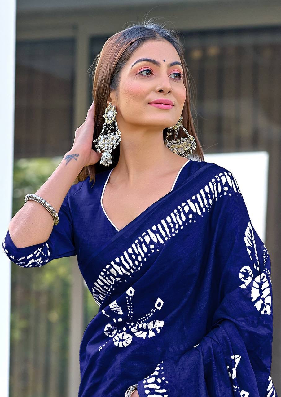 Royal Blue Handcrafted Bandhani Cotton Saree
