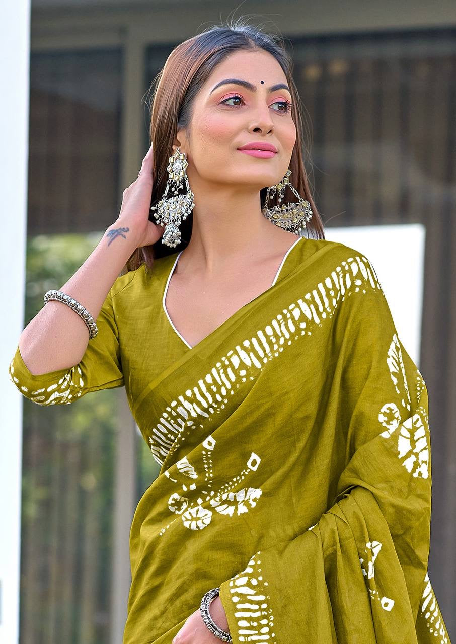 Olive Green Handcrafted Bandhani Cotton Saree