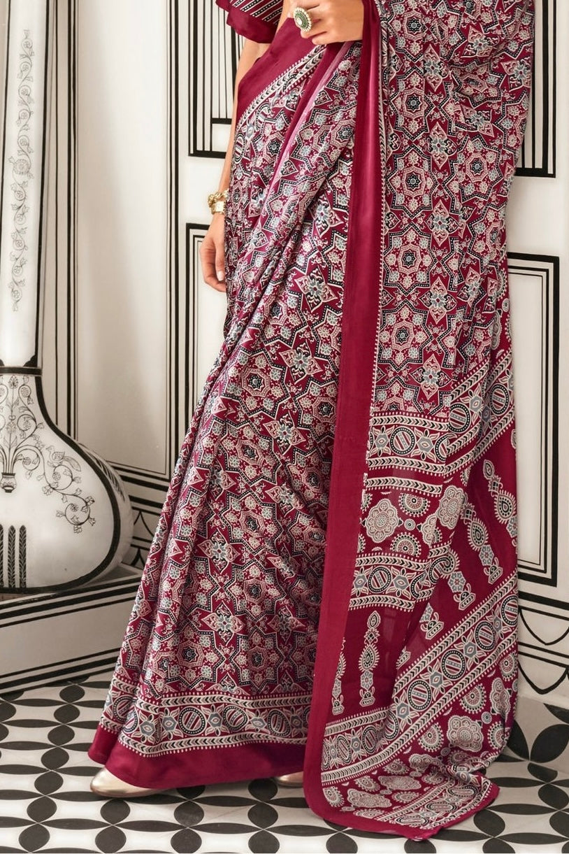 Maroon Ajrakh Printed Satin Crepe Saree
