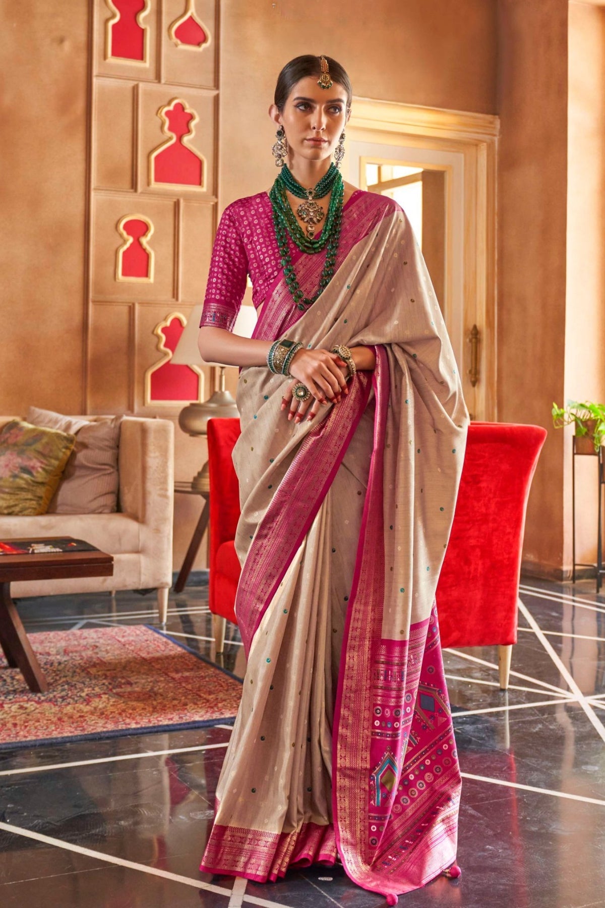 Cream and Pink Printed Patola Saree