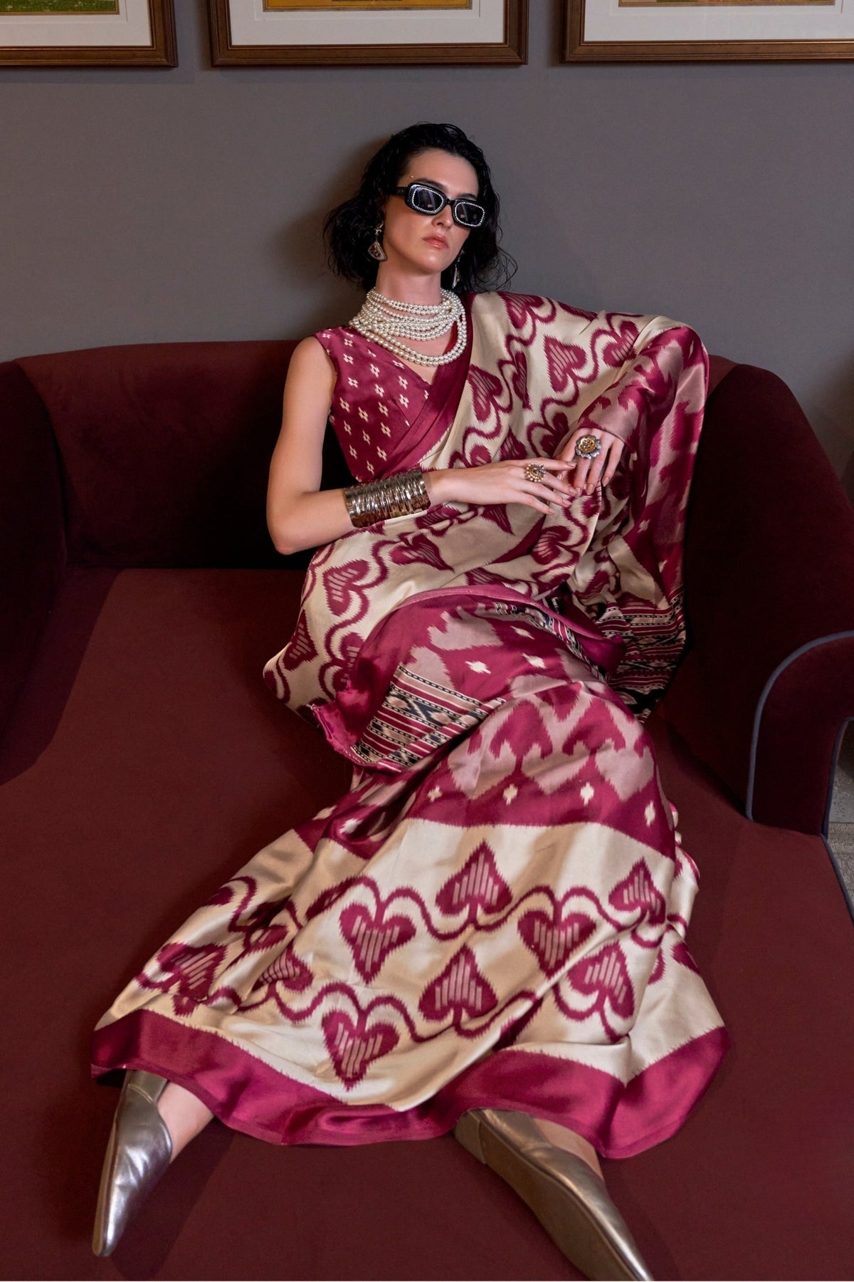 Aesthetic Maroon Ajrakh Patola Printed Satin Crepe Saree