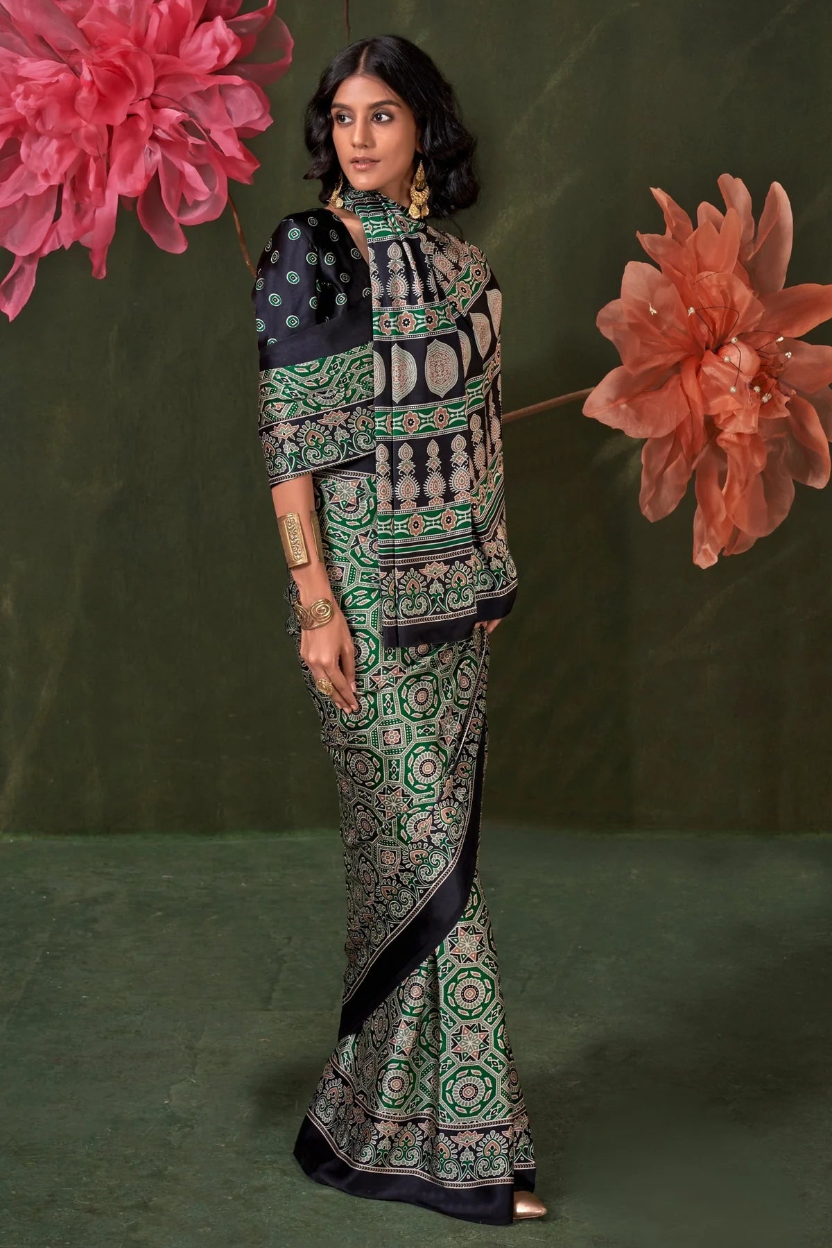 Green Ajrakh Printed Satin Crepe Silk Saree
