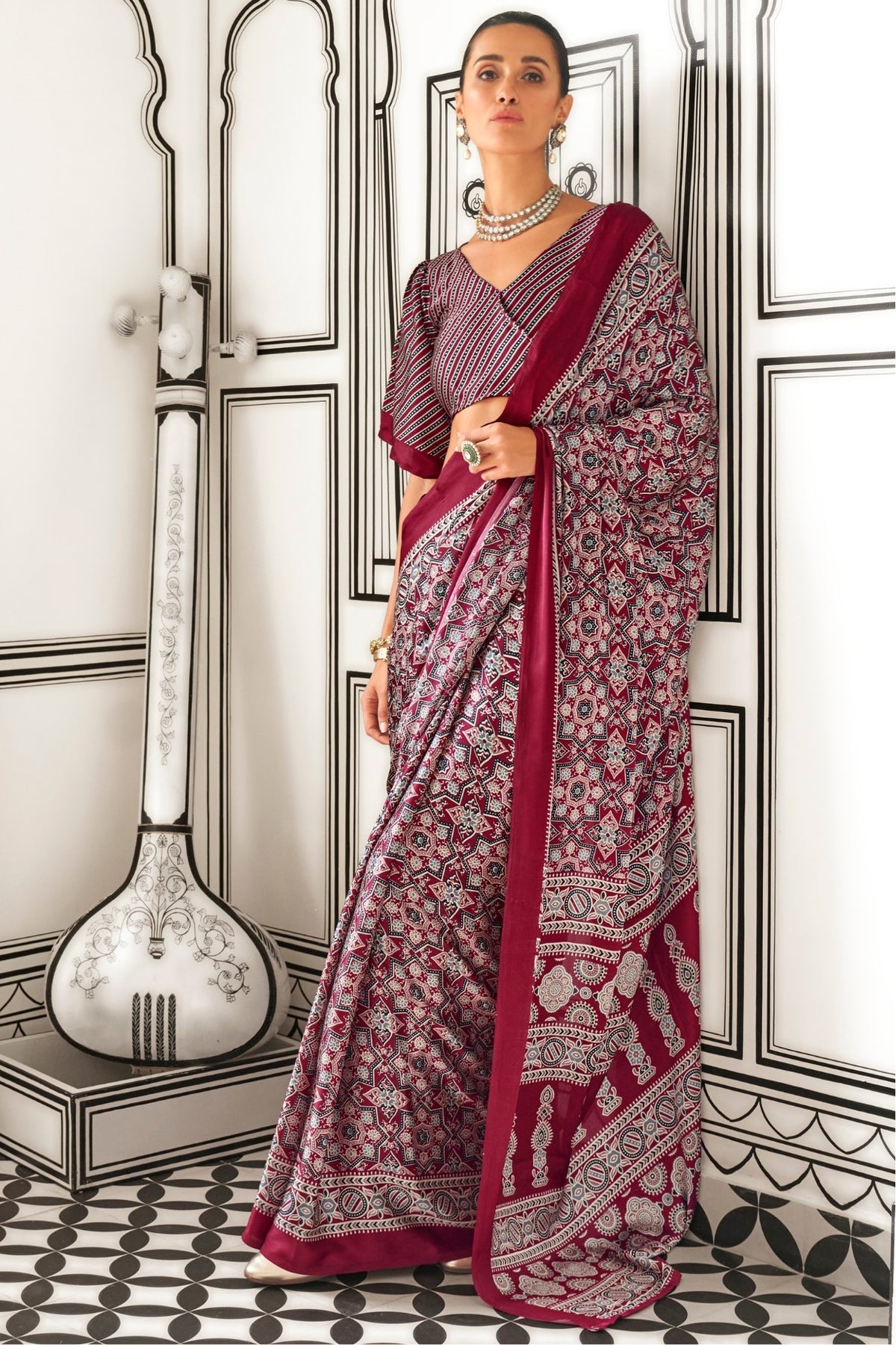 Maroon Ajrakh Printed Satin Crepe Saree