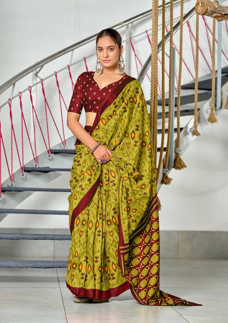 Olive Green and Maroon Patola Saree