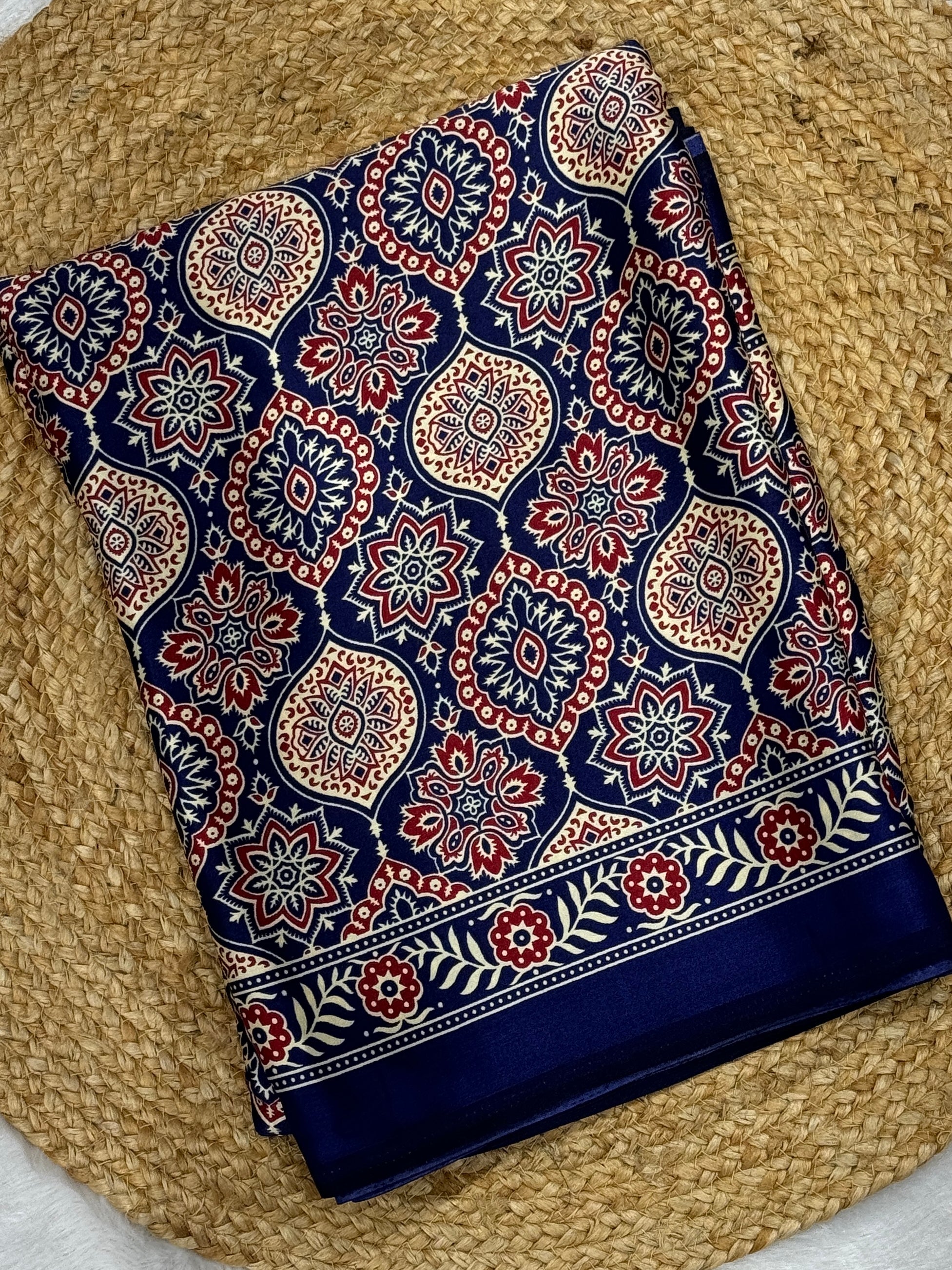 Blue Printed Ajrakh Satin Crepe Silk Saree