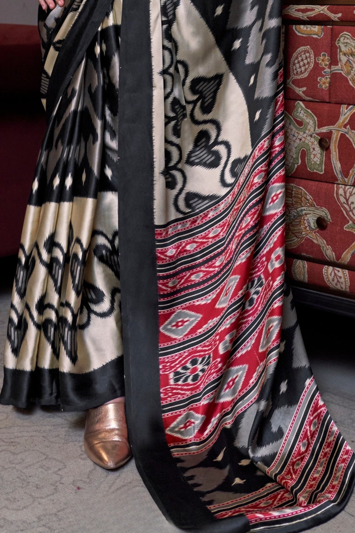 Black and Cream Ajrakh Patola Printed Satin Crepe Saree