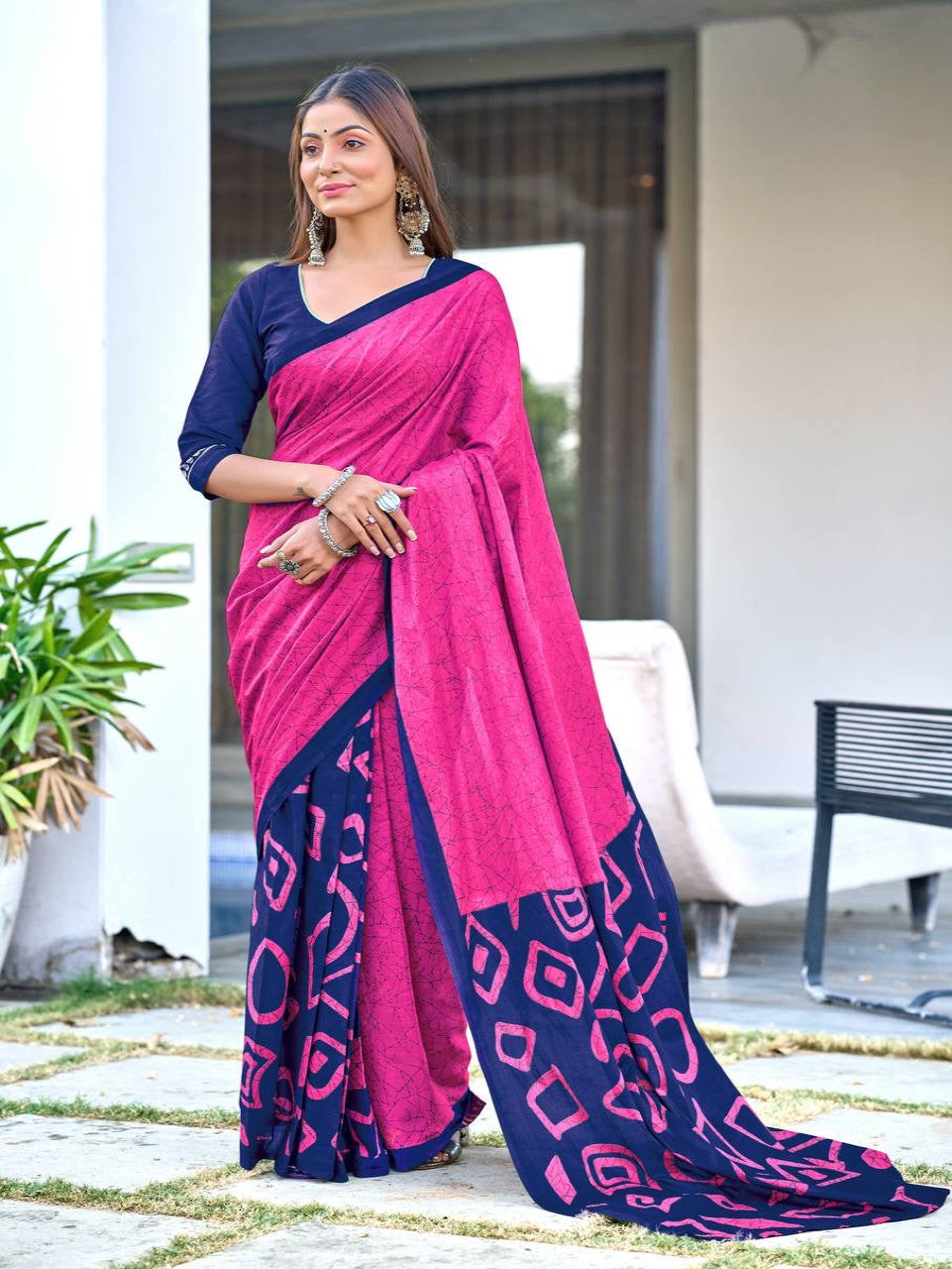 Pink and Navy Blue Cotton Saree with Artistic Geometric Prints