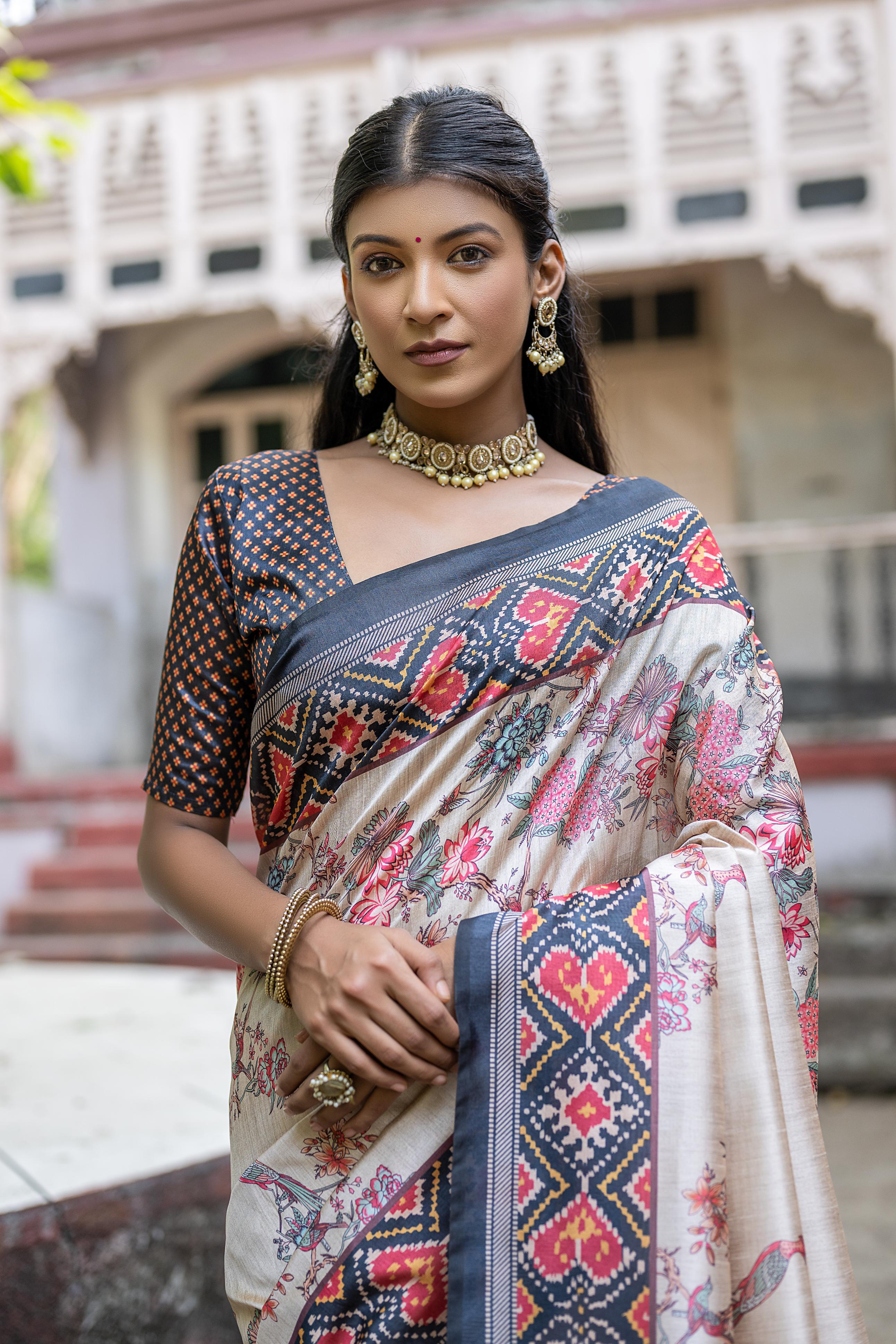 Black Patola Silk Blend Saree with Beige Body