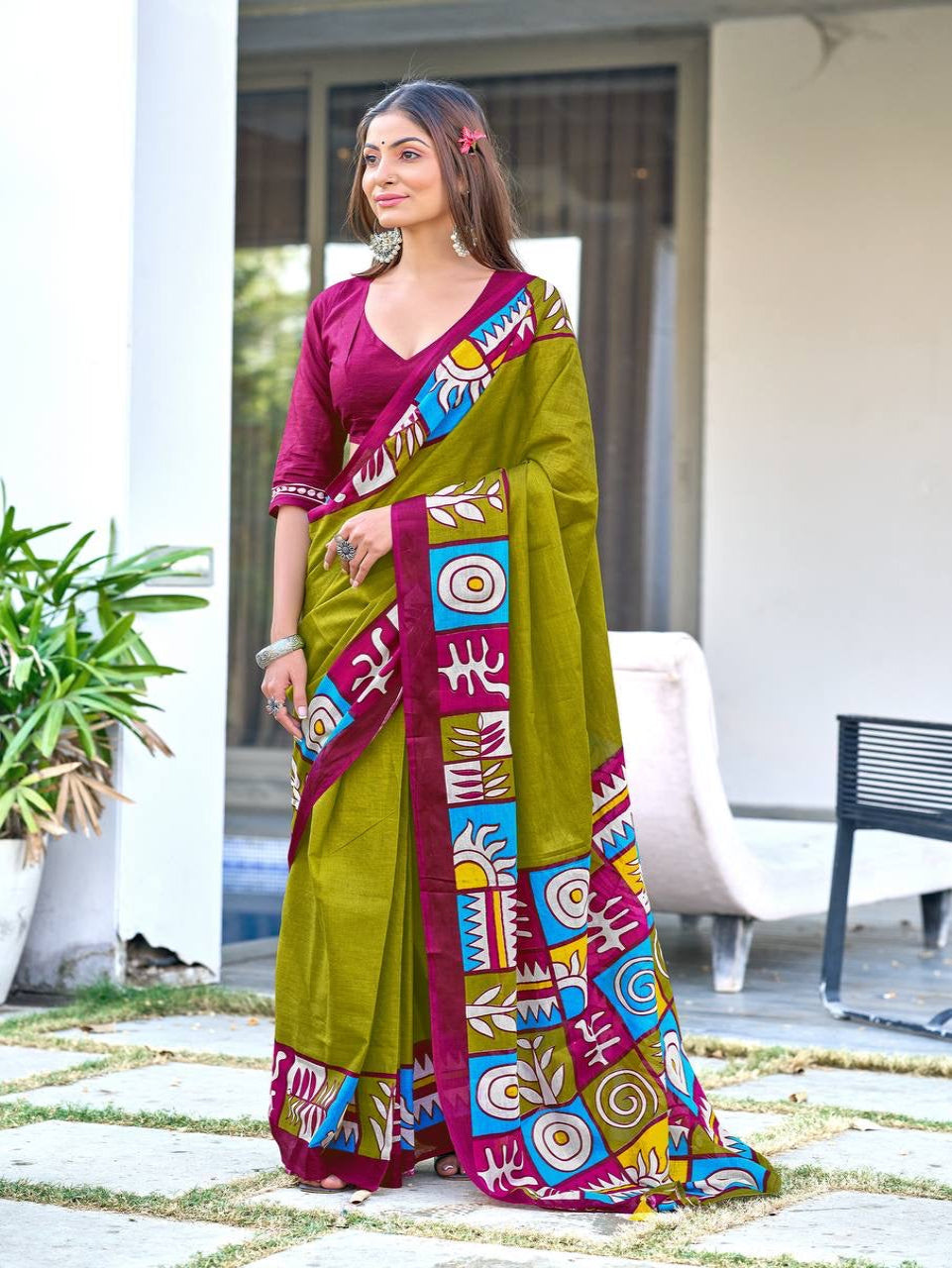 Olive Green Cotton Saree with Vibrant Folk-Inspired Border