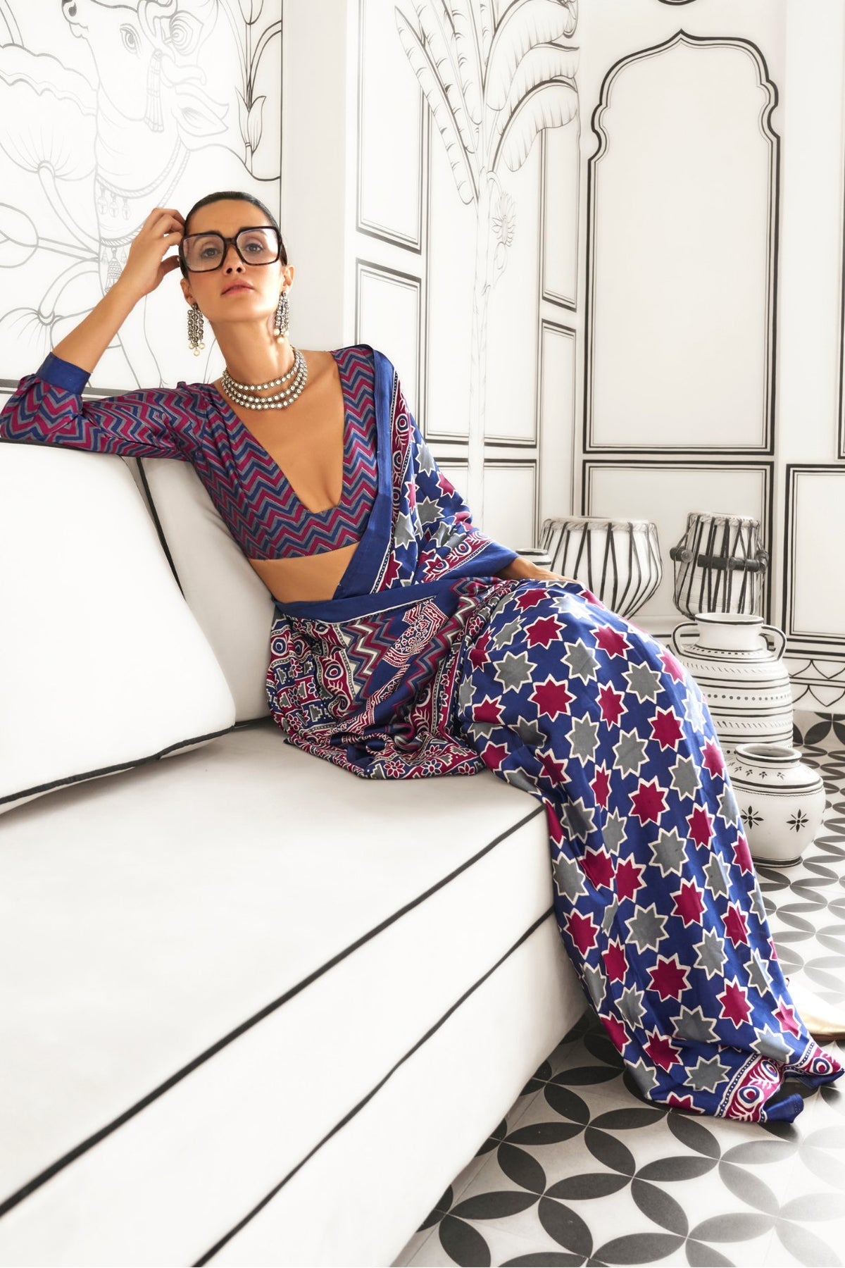 Comet Purple Ajrakh Printed Satin Crepe Saree
