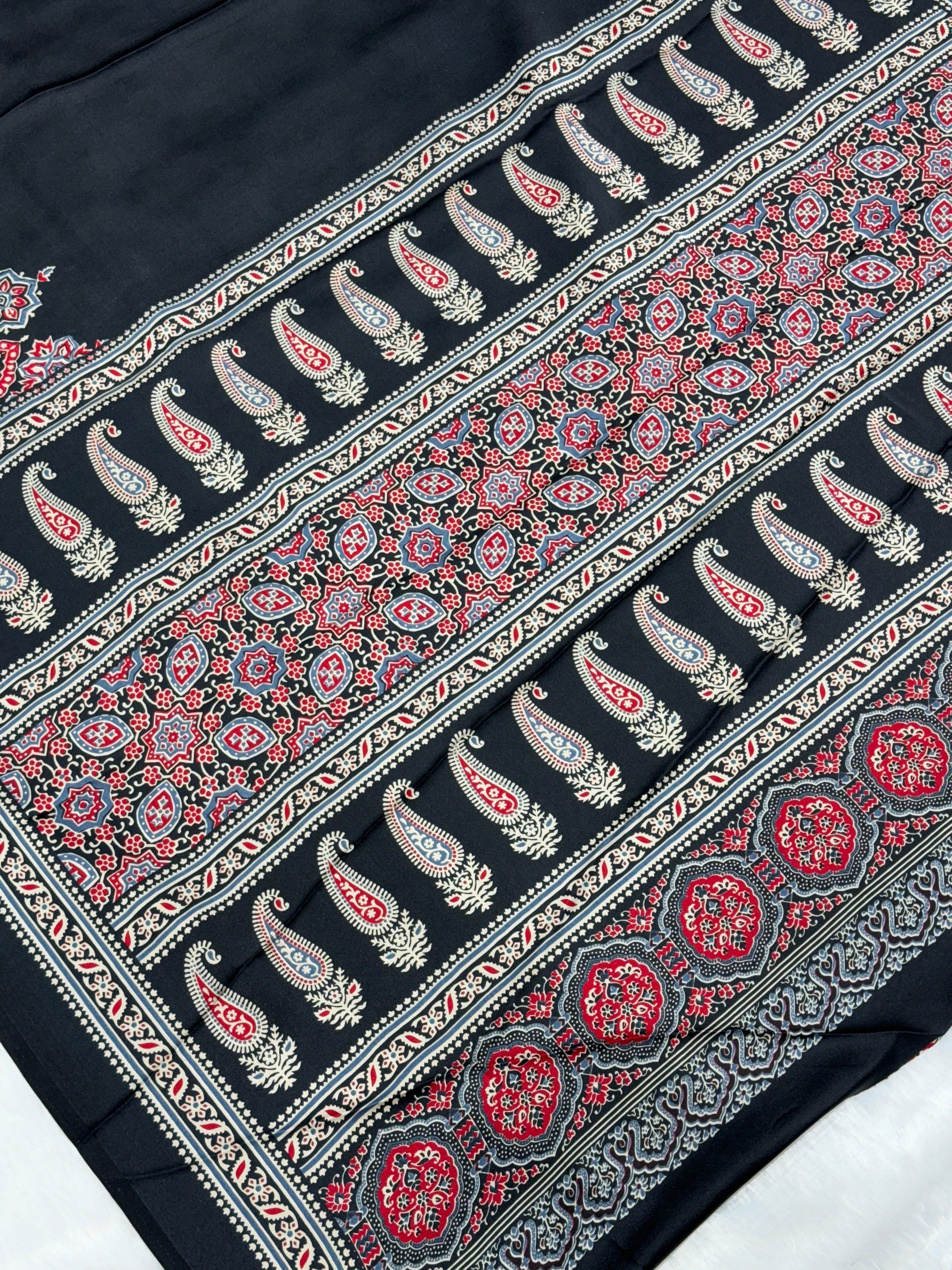 Black Ajrakh Printed Modal Silk Plain Saree