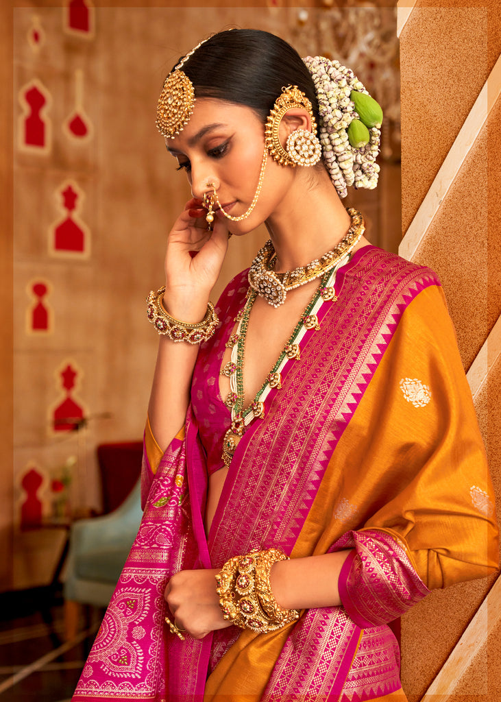 Yellow and Pink Printed Patola Saree