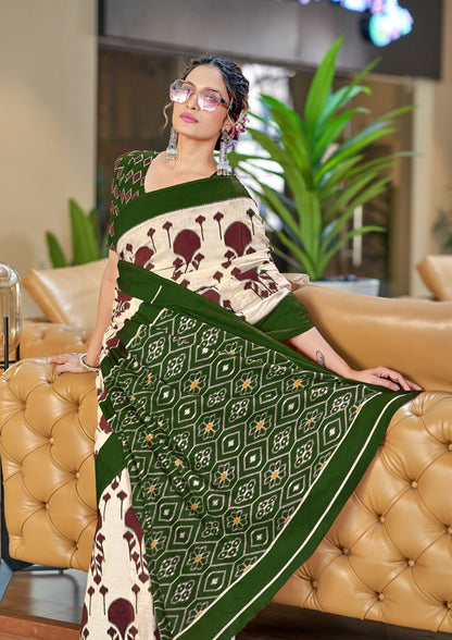 Off-White and Dark Green Printed Cotton Saree