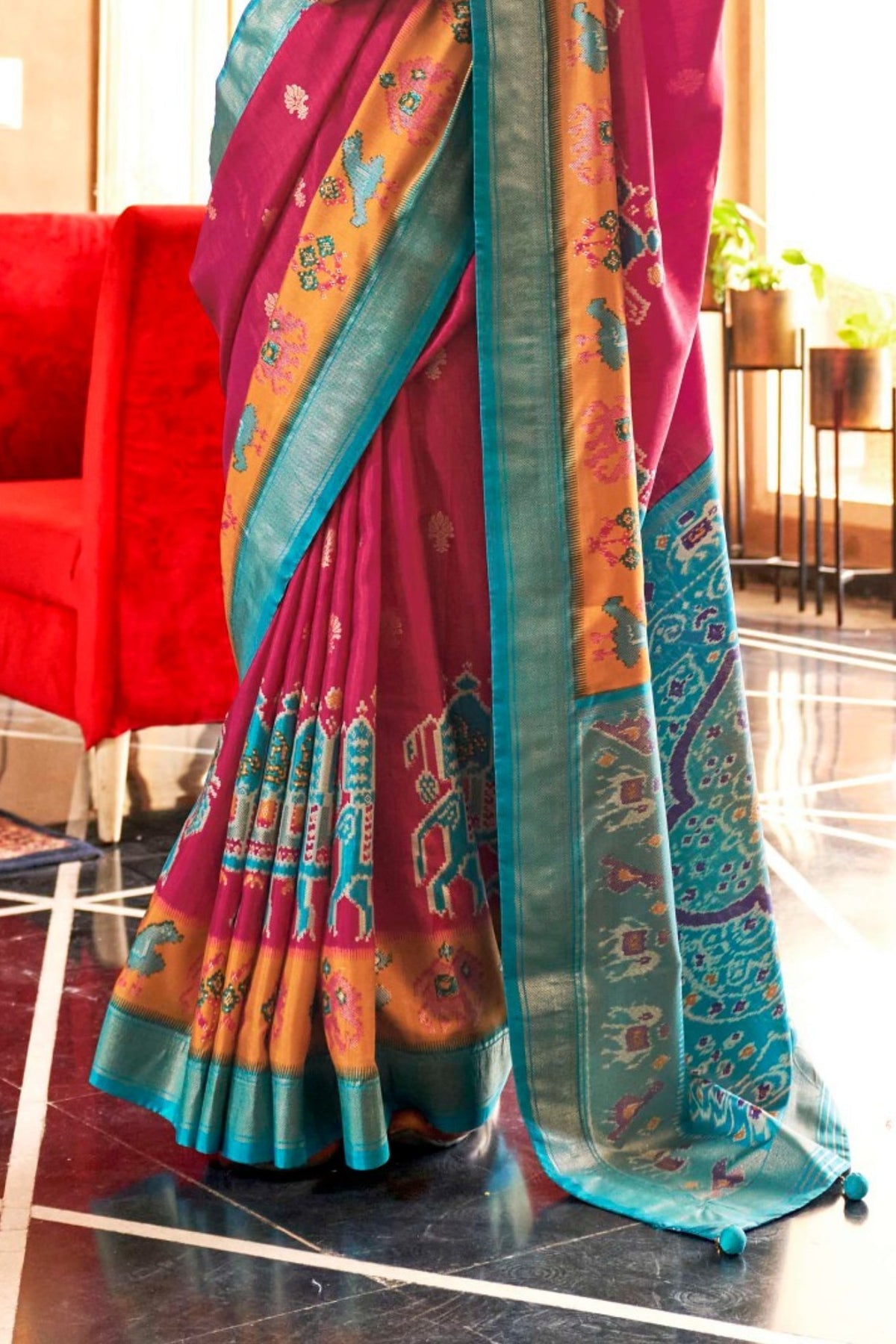 Magenta and Teal Printed Patola Saree