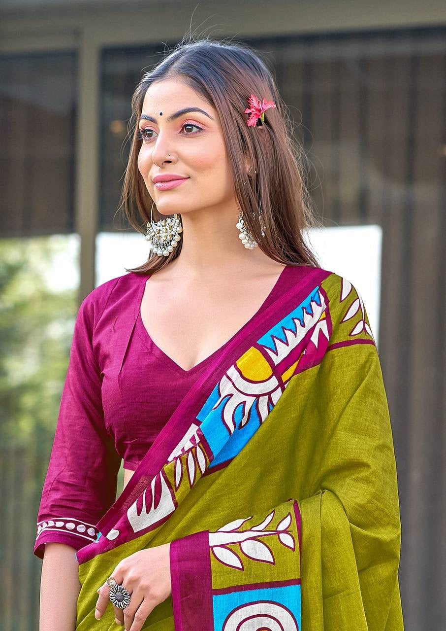 Olive Green Cotton Saree with Vibrant Folk-Inspired Border