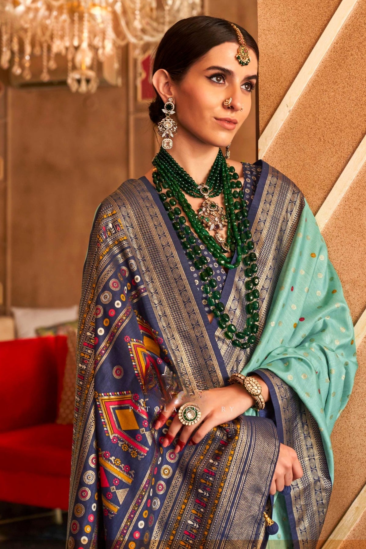 Mint Blue and Navy Printed Patola Saree