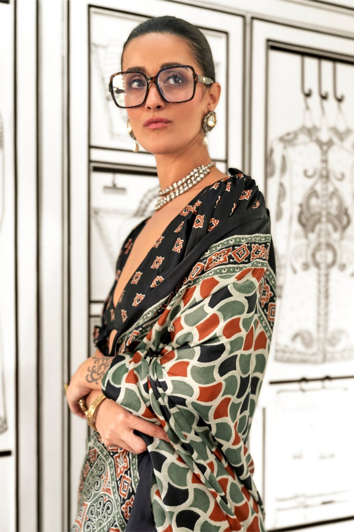 Green and Black Ajrakh Printed Satin Crepe Saree