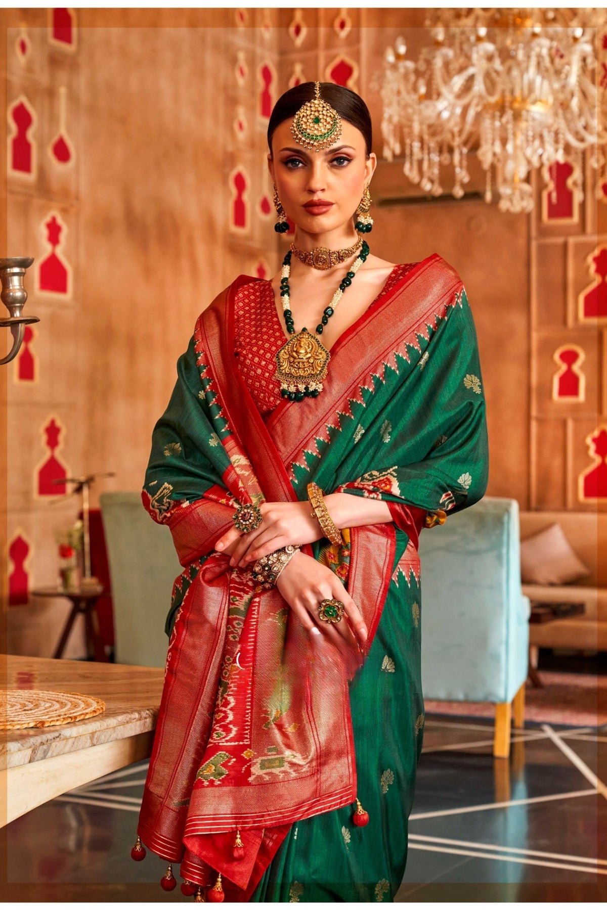 Green and Red Printed Patola Saree
