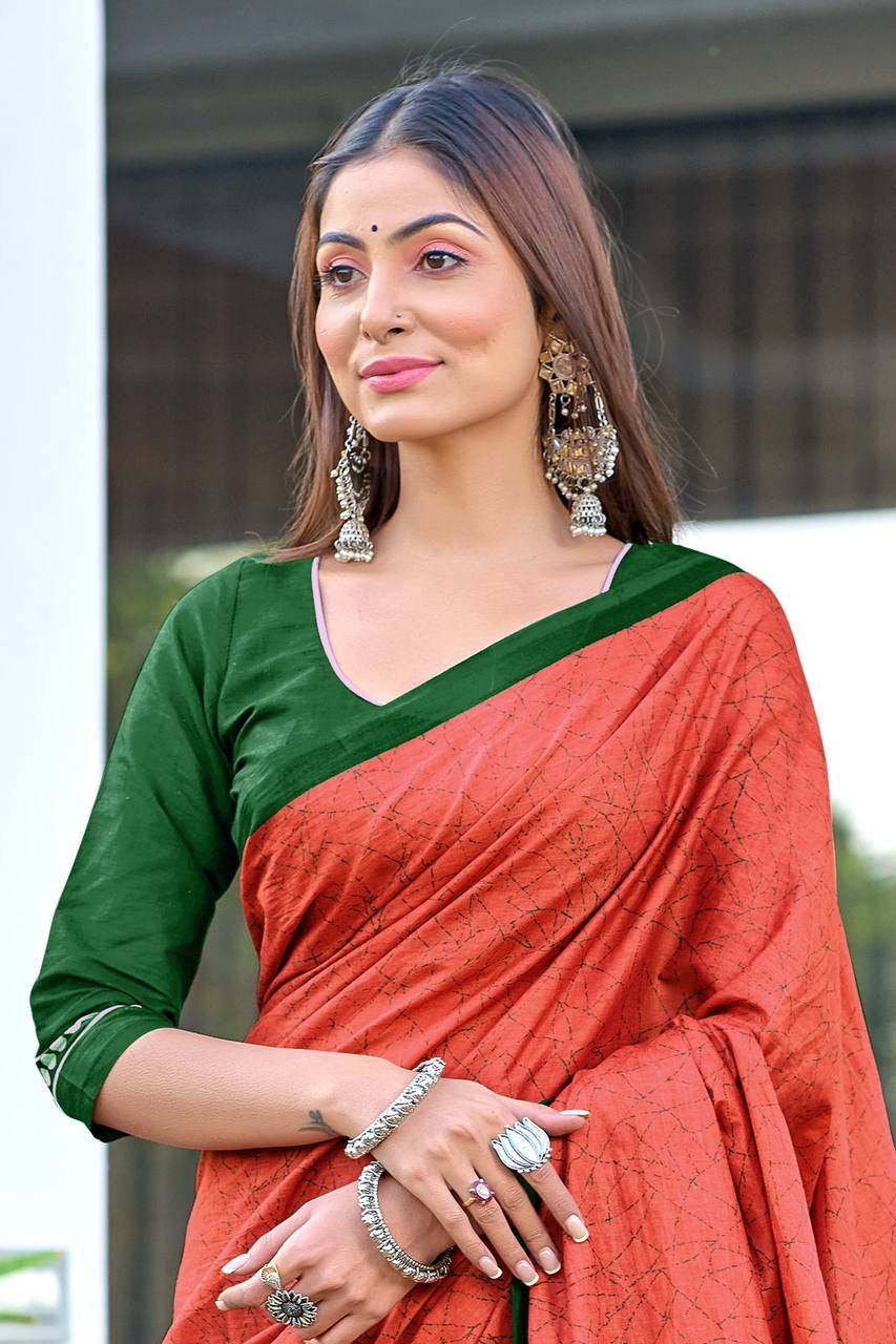 Rust Orange and Green Cotton Saree with Abstract Geometric Patterns