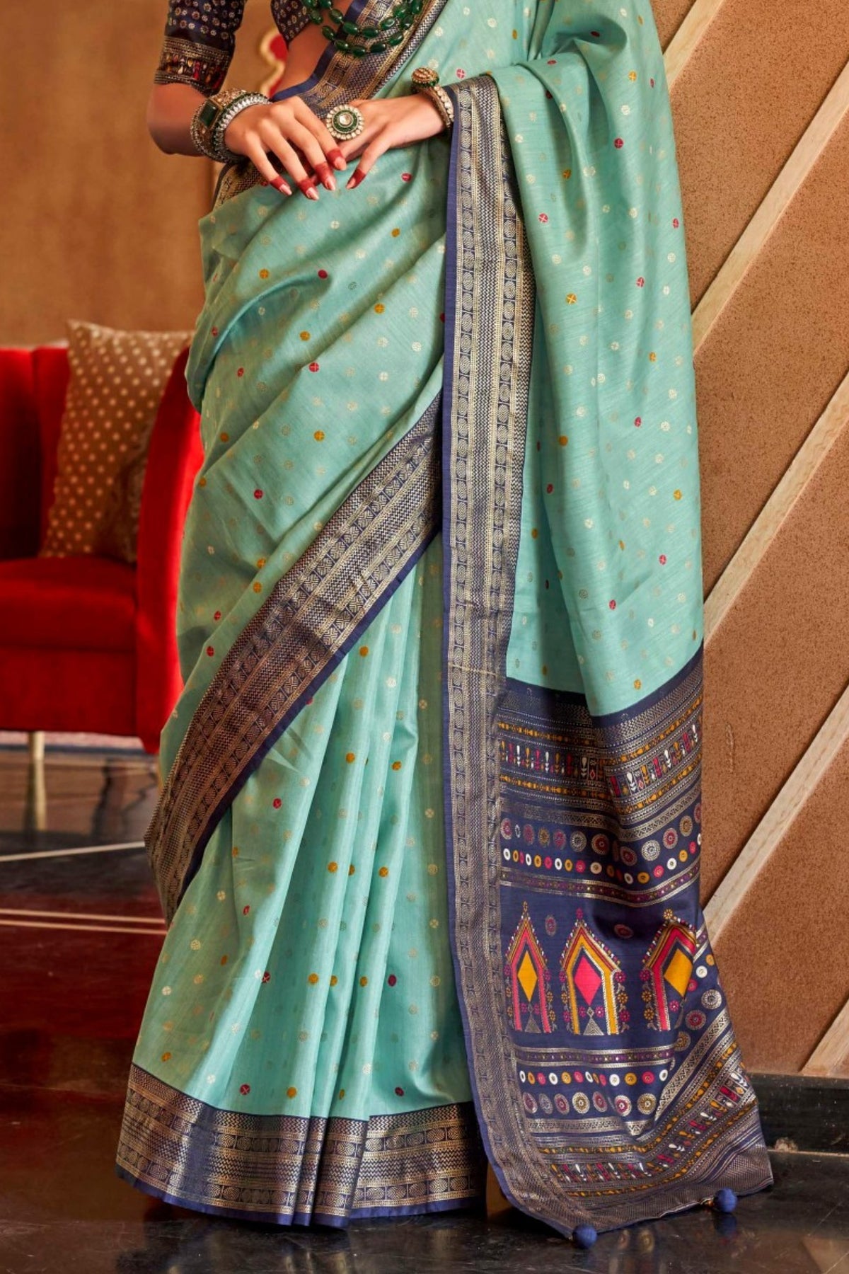 Mint Blue and Navy Printed Patola Saree