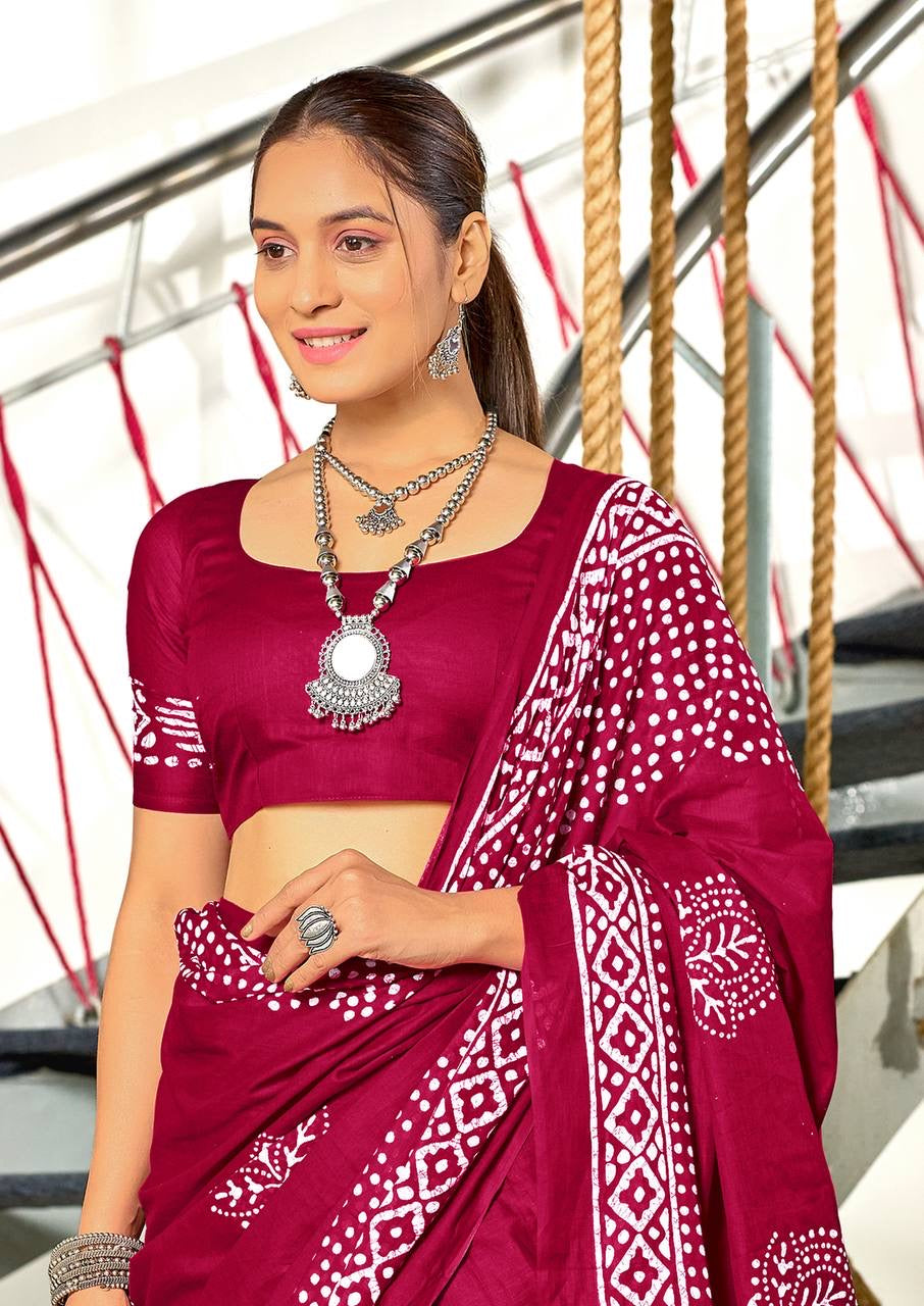 Maroon Bandhani Cotton Saree