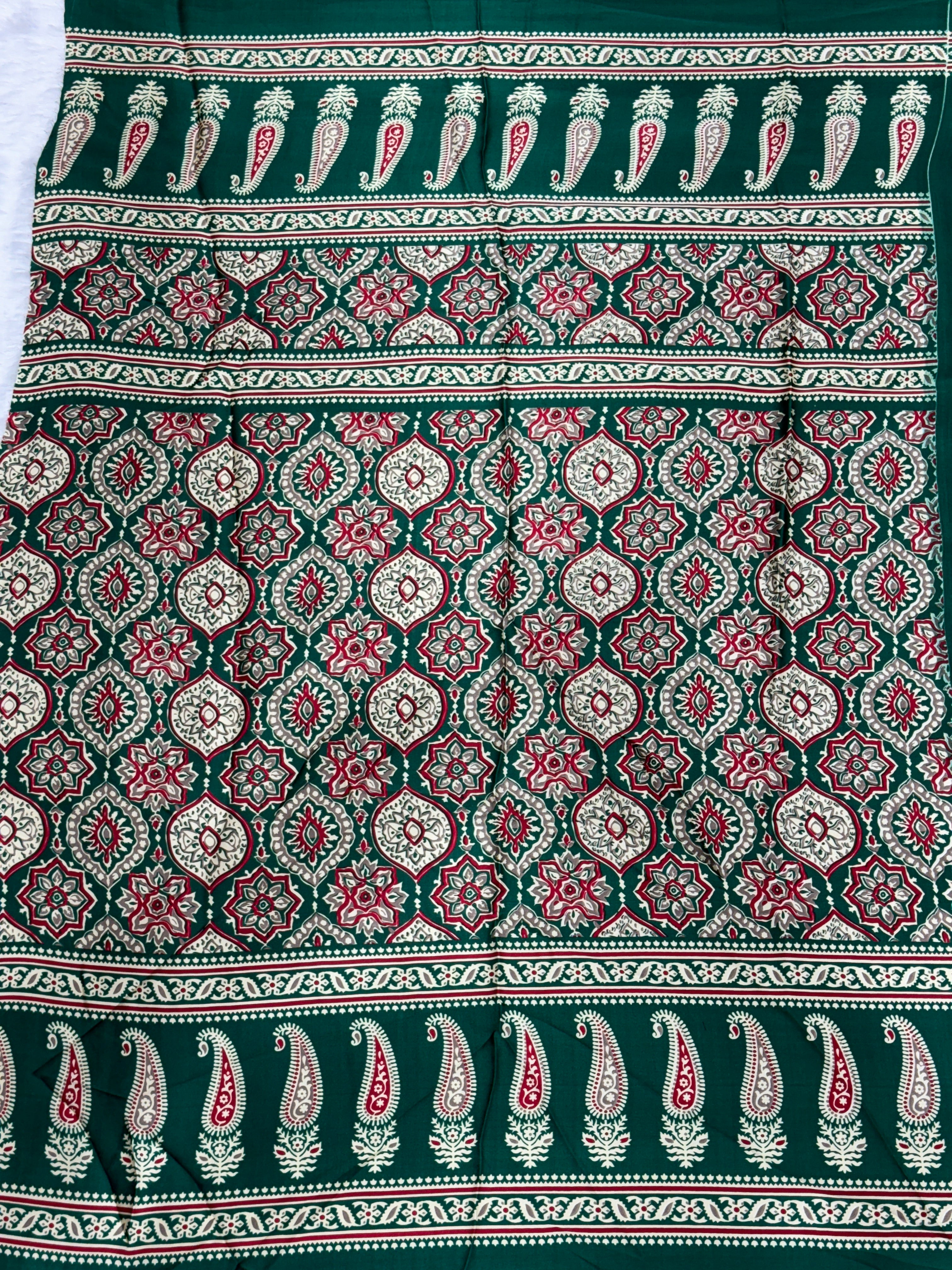 Green Ajrakh Printed Modal Silk Plain Saree