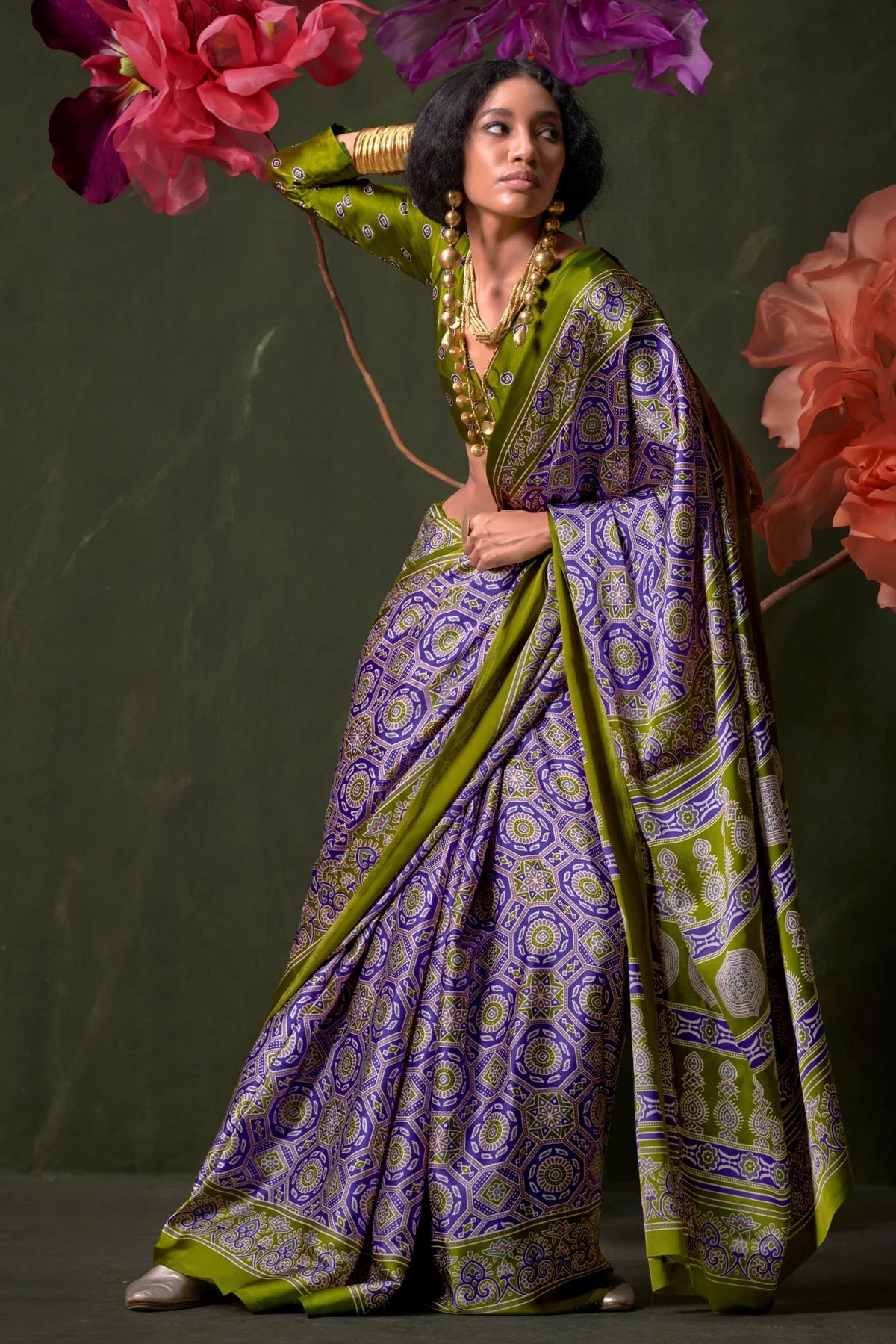 Purple and Green Ajrakh Printed Satin Crepe Silk Saree