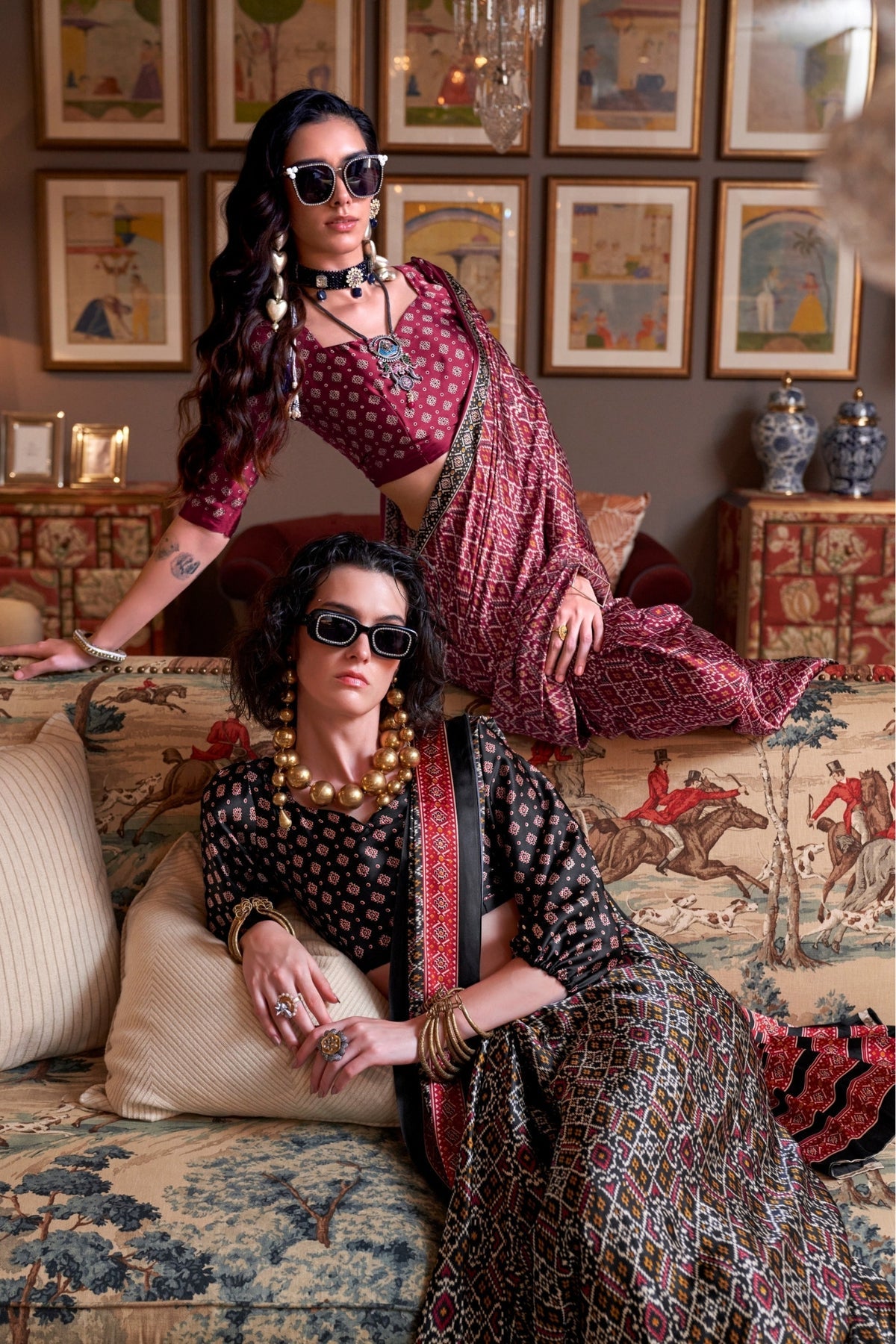 Black and Red Ajrakh Patola Printed Satin Crepe Saree
