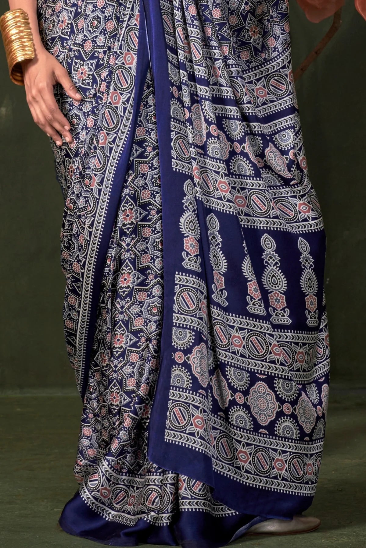 Blue Ajrakh Printed Satin Crepe Silk Saree