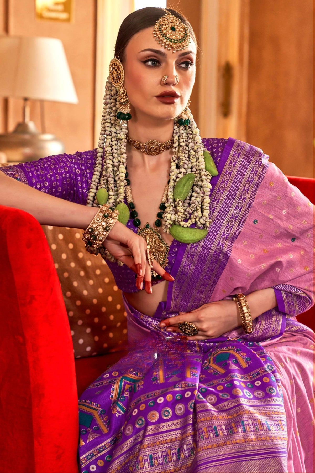Rose Pink and Purple Accents Printed Patola Saree