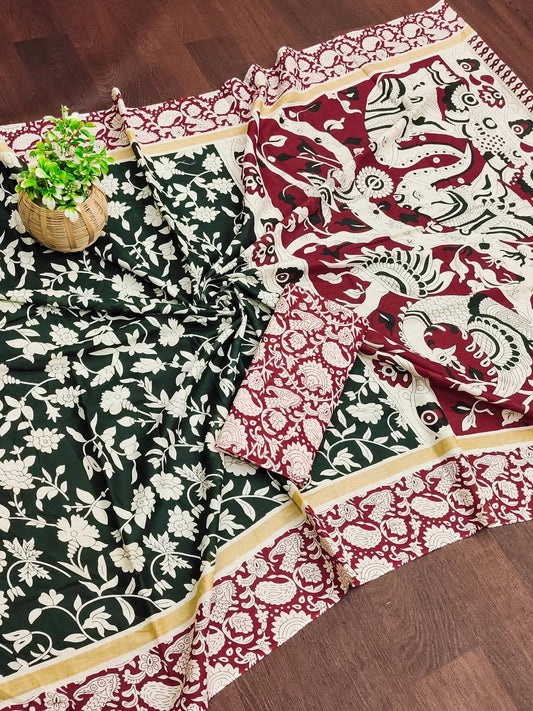Elegant Deep Green and Maroon Handcrafted Kalamkari Cotton Saree