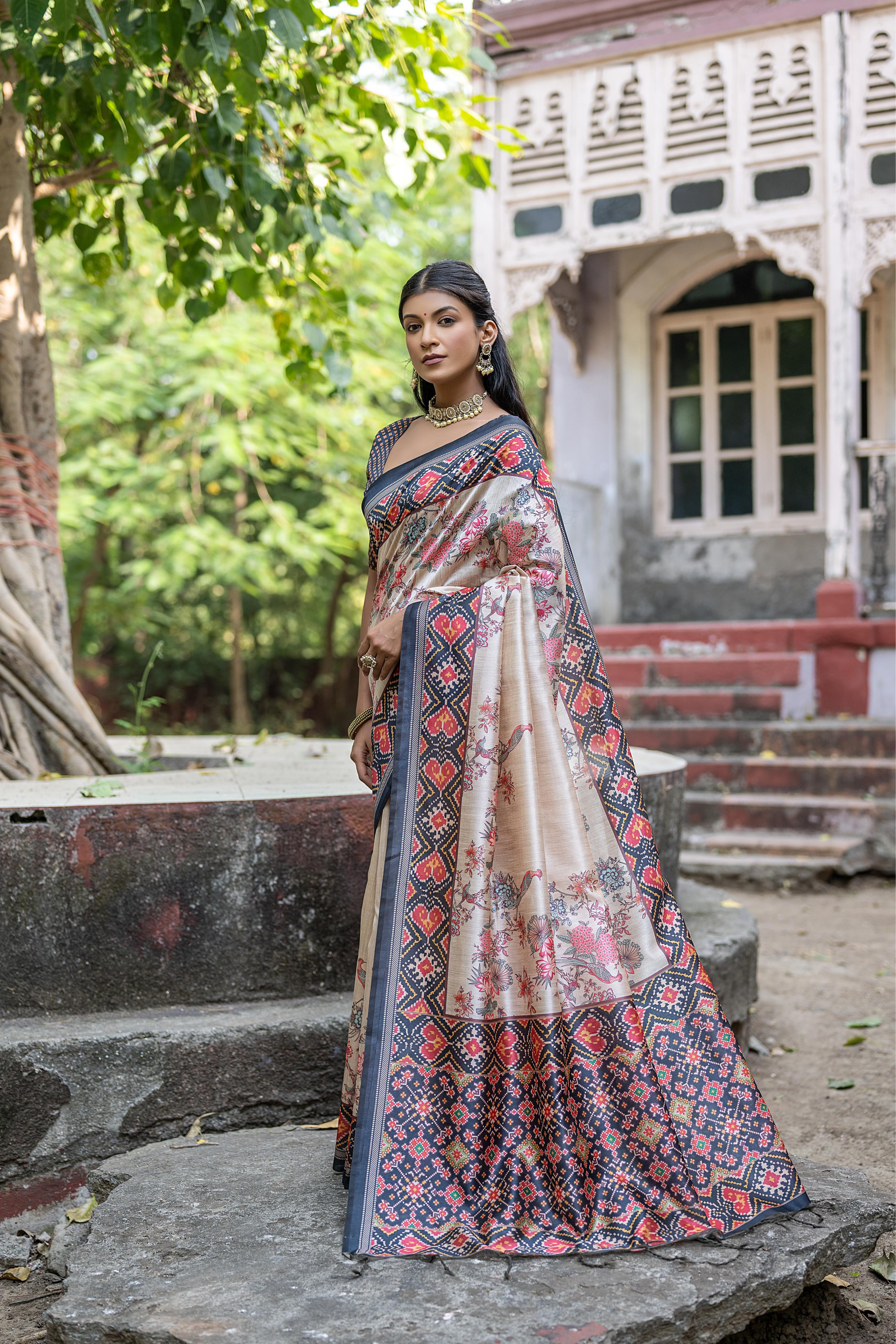 Black Patola Silk Blend Saree with Beige Body