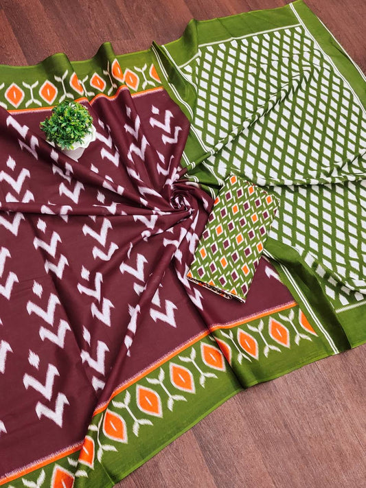 Rich Maroon and Green Ikat Cotton Silk Saree