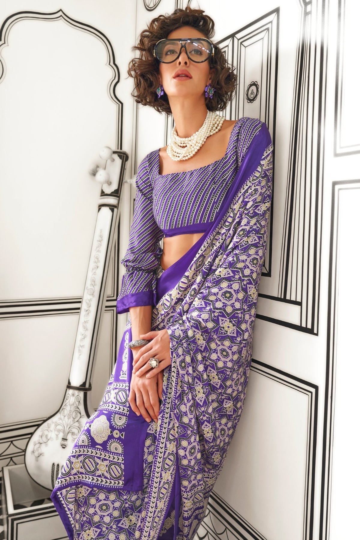 Purple Ajrakh Printed Satin Crepe Saree