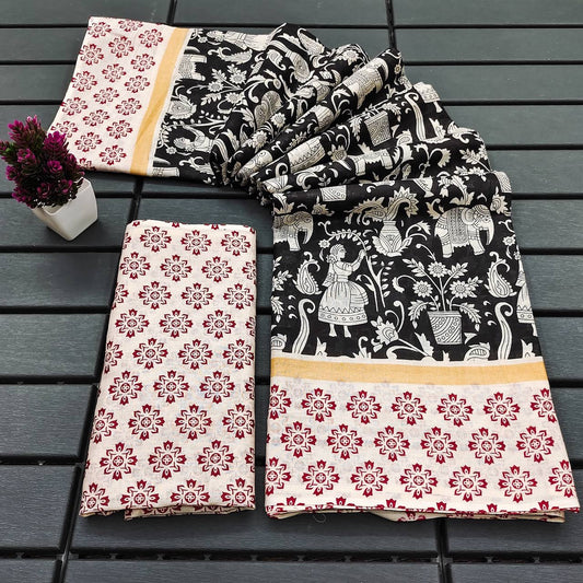 Elegant Black and Maroon Kalamkari Cotton Saree