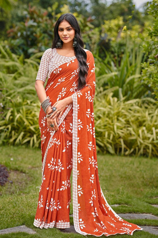 Sunset Orange Glow Floral Saree