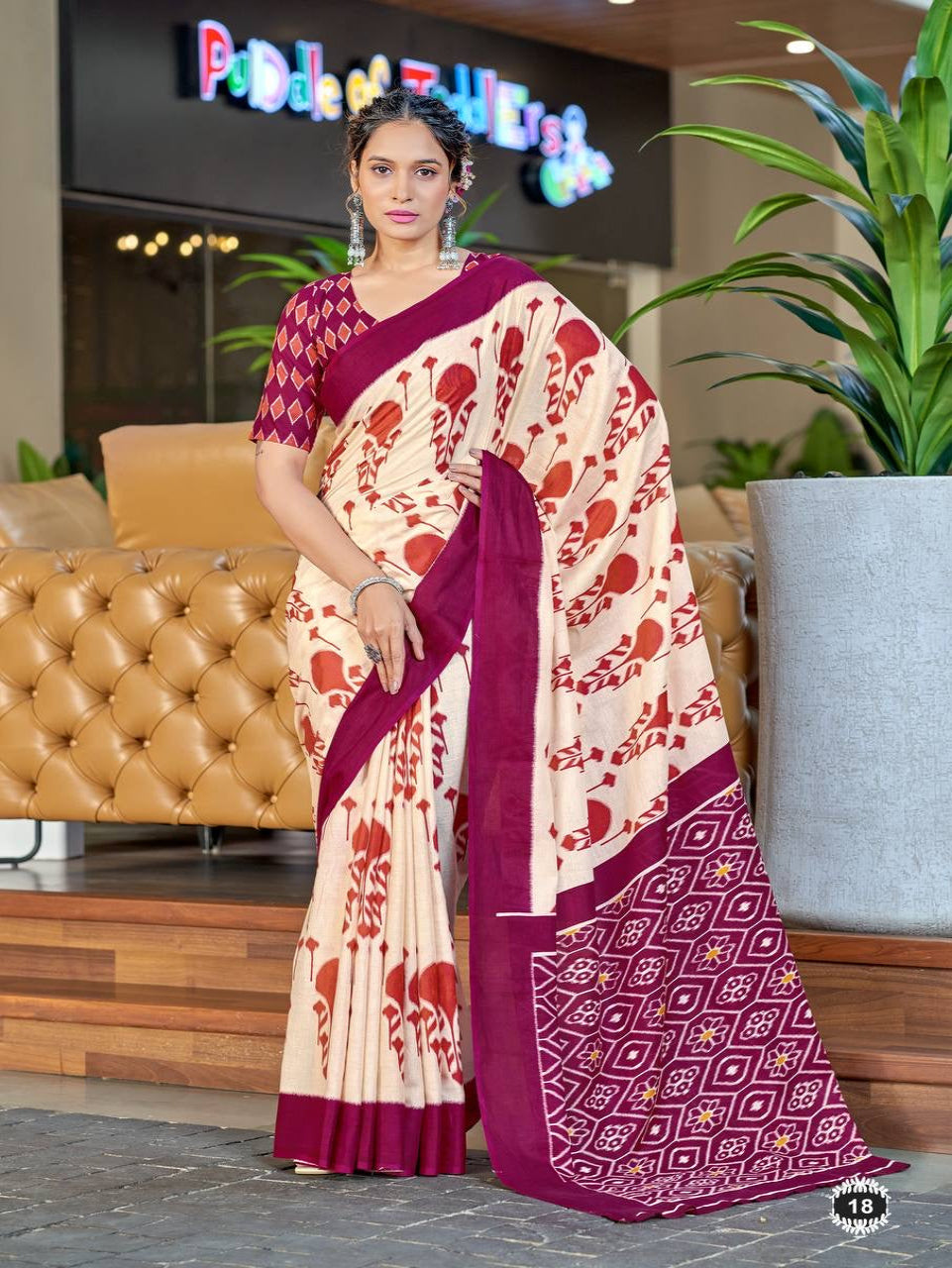 Off-White and Wine Printed Cotton Saree