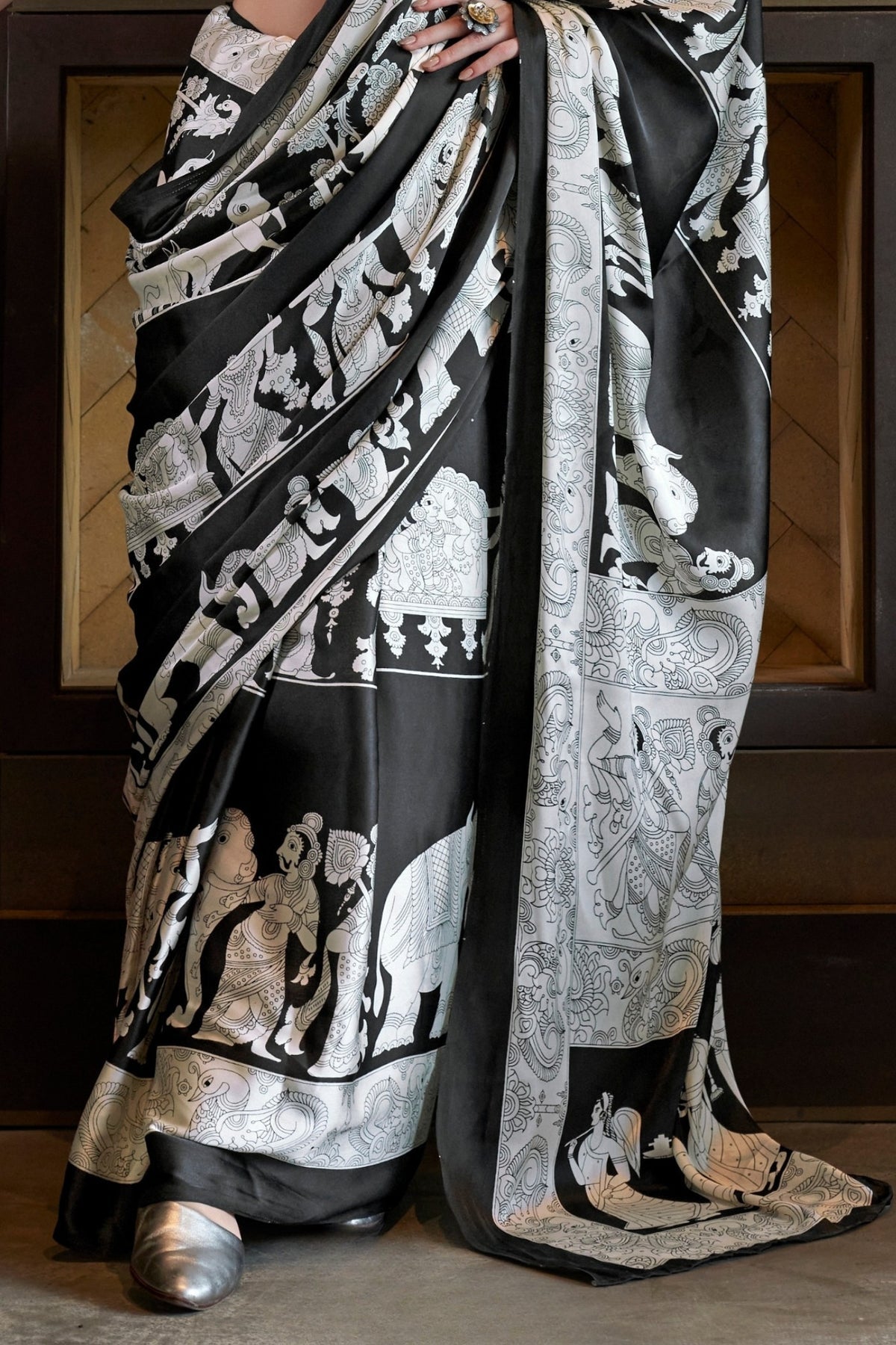 Jet Black and White Ajrakh Patola Printed Satin Crepe Saree