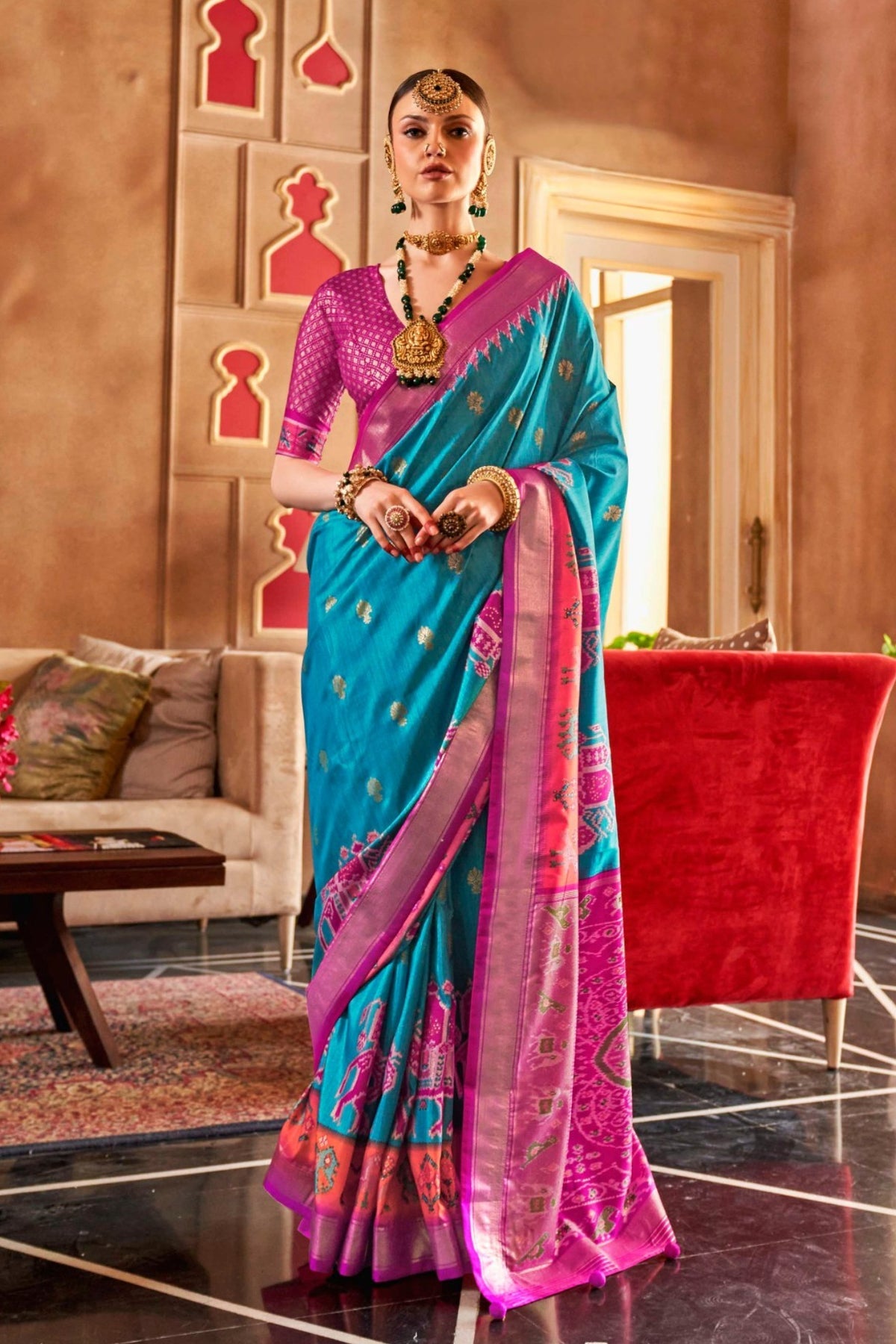 Teal and Rani Pink Printed Patola Saree